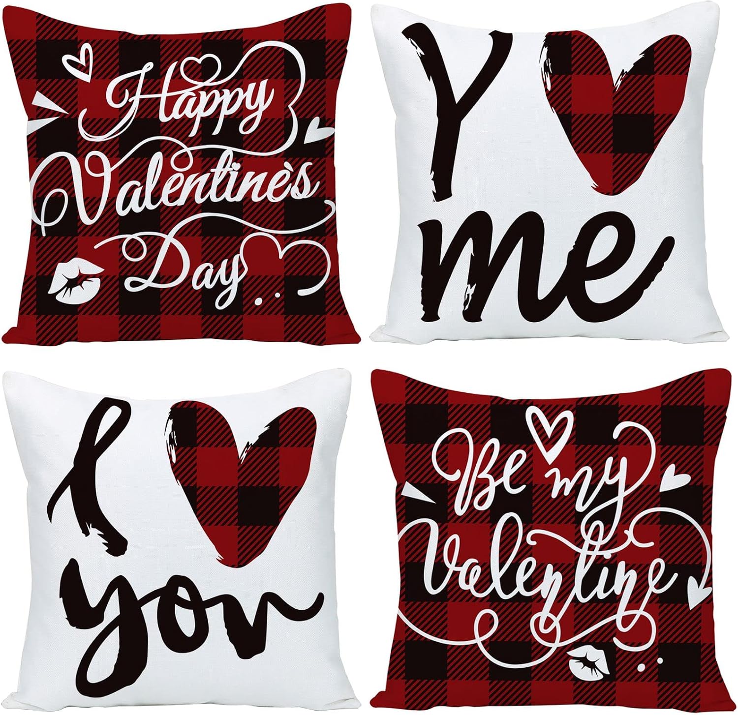 WILPROO Valentine's Day Saying Buffalo Plaid Red Black Throw Pillow Cover, 18 x 18 Inch Holiday Anniversary Wedding Cushion Case for Sofa Couch Set of 4