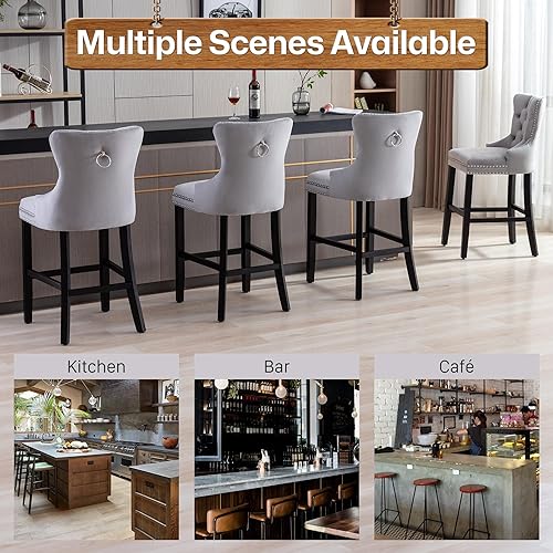 Miniatura 9 de Juego de 2 taburetes de bar, de terciopelo, 26 taburetes de altura de mostrador con respaldo copetudo, sillas de bar con ribete de remache para isla