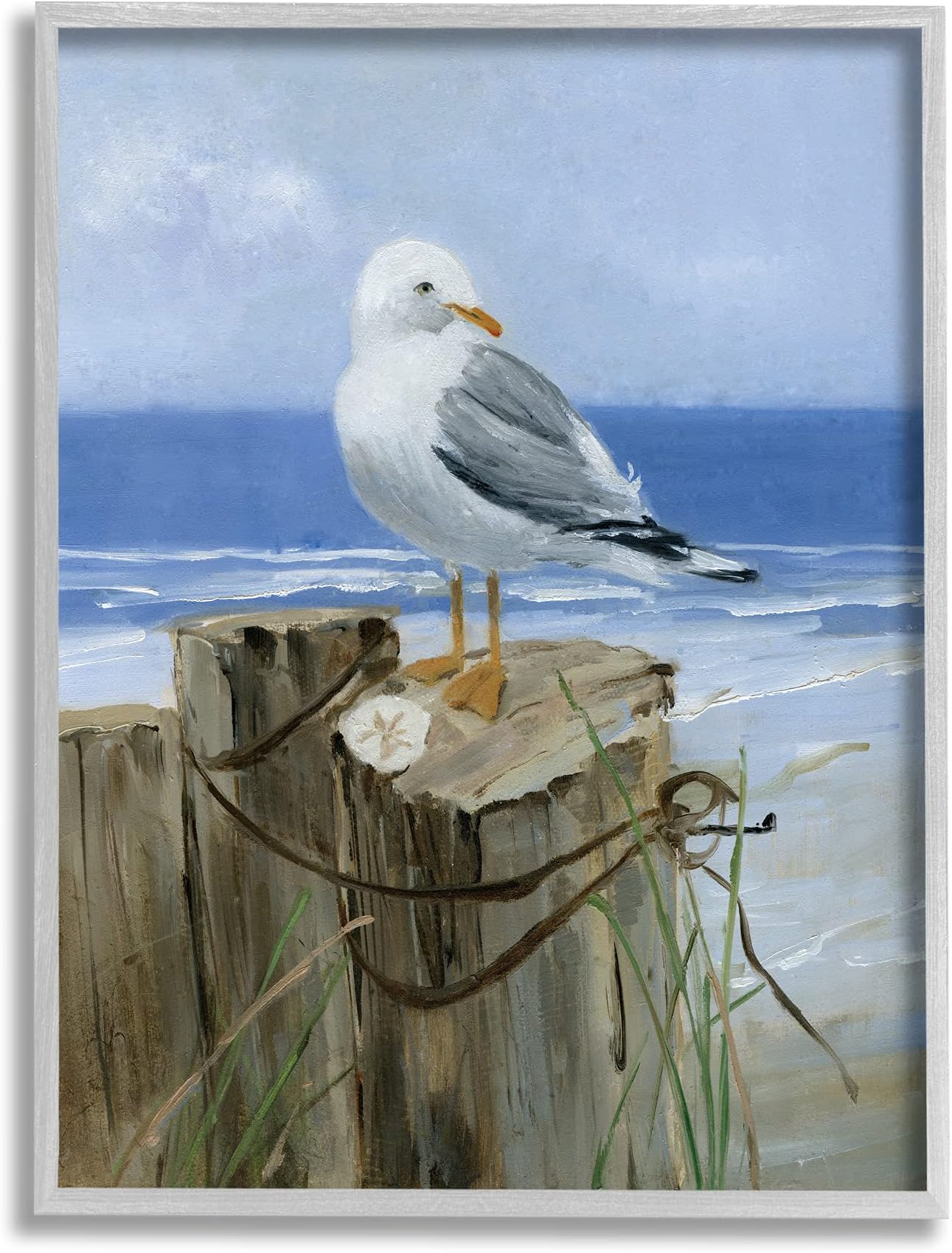 Stupell Industries Seagull Sand Dollar on Soft Nautical Beach Post, Designed by Sally Swatland Gray Framed Wall Art, 16 x 20, Blue