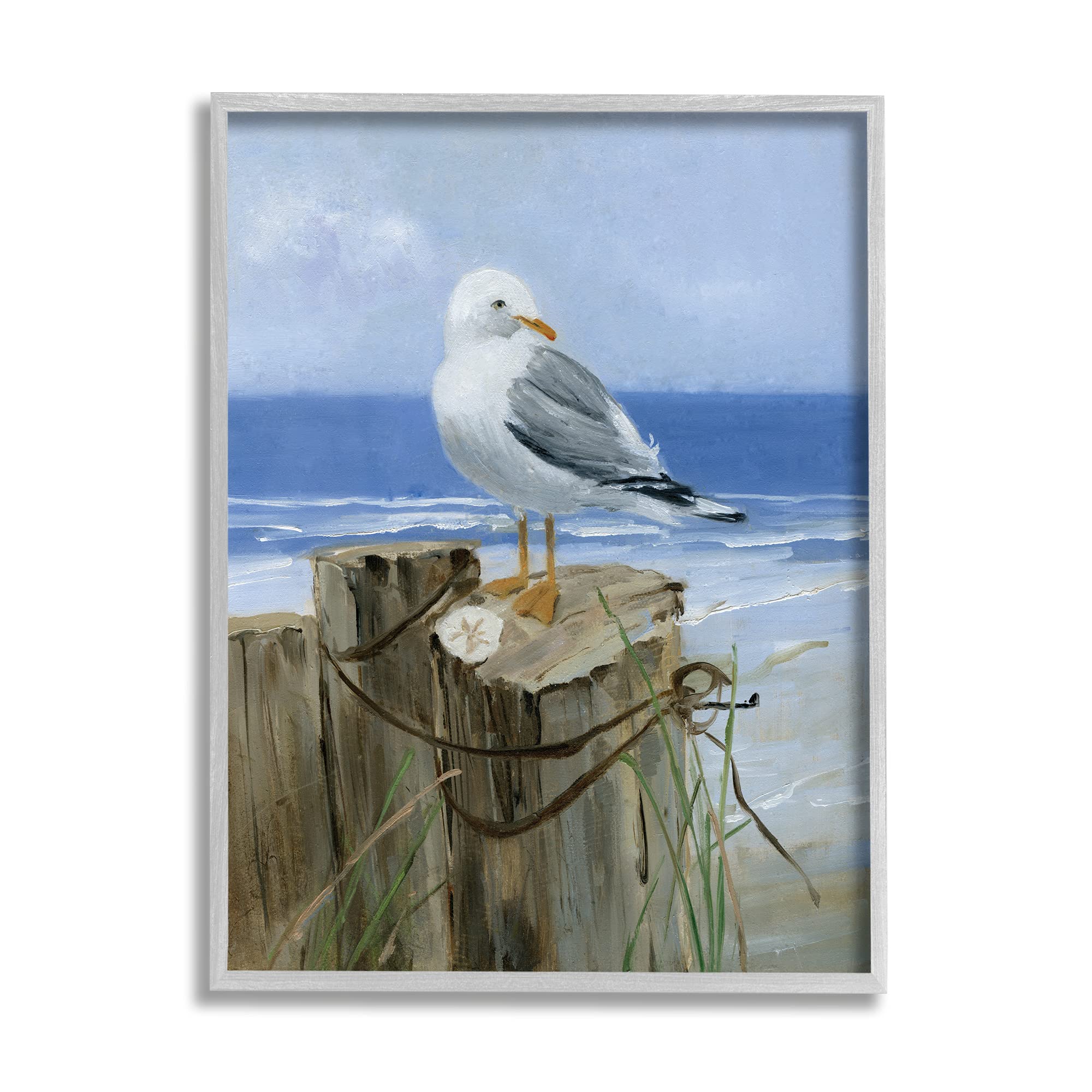 Stupell Industries Seagull Sand Dollar on Soft Nautical Beach Post, Designed by Sally Swatland Gray Framed Wall Art, 16 x 20, Blue