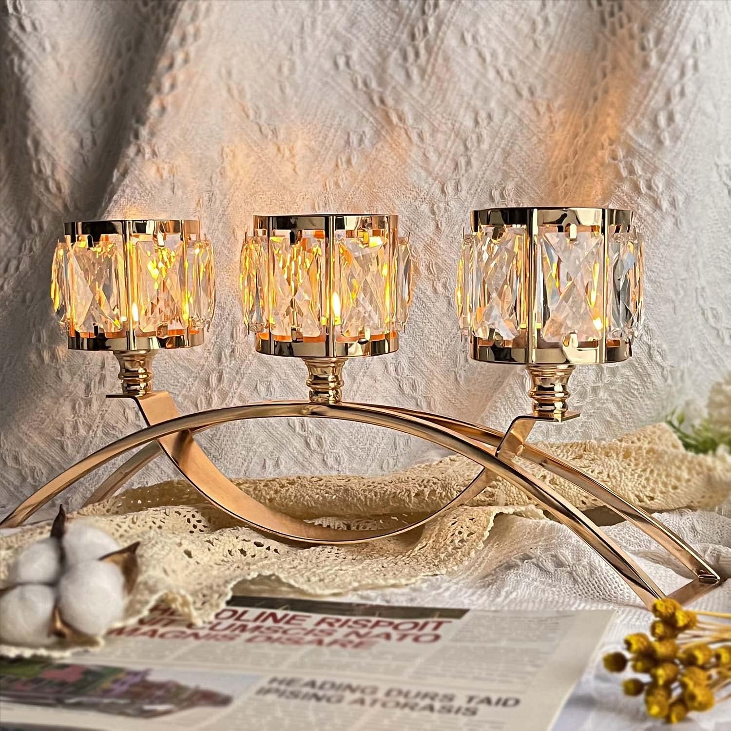 3 Arms Crystal Candle Holders, Arch Candlestick Table Candelabras Centerpieces for Wedding, Dinning Room, Cabinet Ornaments, Home Decoration， Gift (3-arm Arched, Gold)