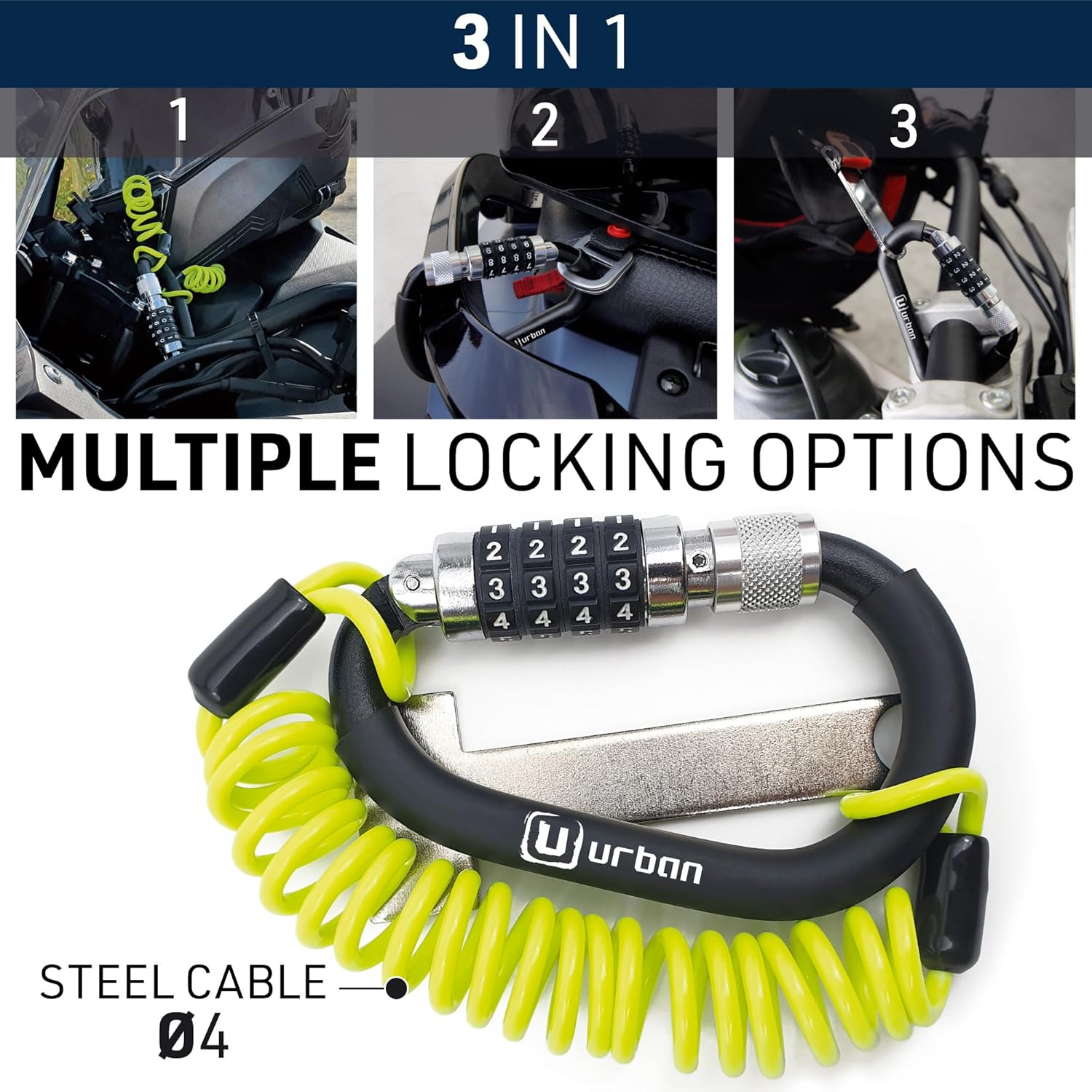 Urban UR140 Motorcycle Helmet Lock, Carabiner with Safer 4 Digit Code, T Buckle Adapter, More Visible Braided Steel Security Cable, Universal Anti Theft Accessory for Motorcycle and Bicycle Helmets