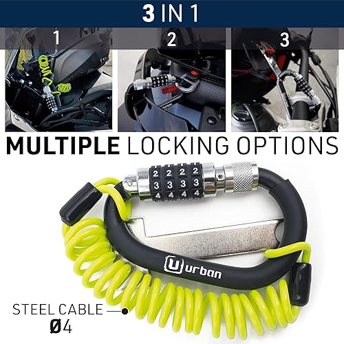 Miniatura 7 de Urban UR140 - Cerradura para casco de motocicleta, mosquetón con código de 4 dígitos más seguro, adaptador de hebilla en T, cable de seguridad de