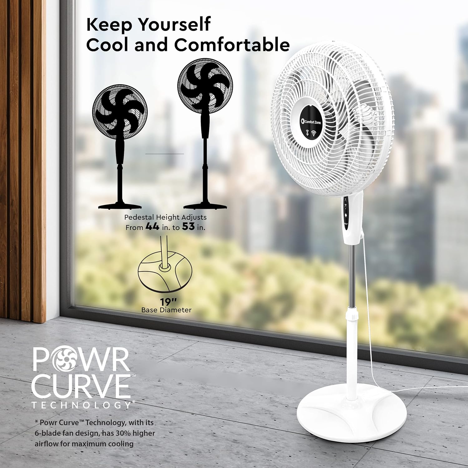 Comfort Zone 18-Inch Smart WiFi Oscillating Stand Fan, 3-Speed Wall-Mountable Fan with Voice Control, Full-Function Timer & Adjustable Stand up to 53 Inches, Quiet Tri-Curve Technology