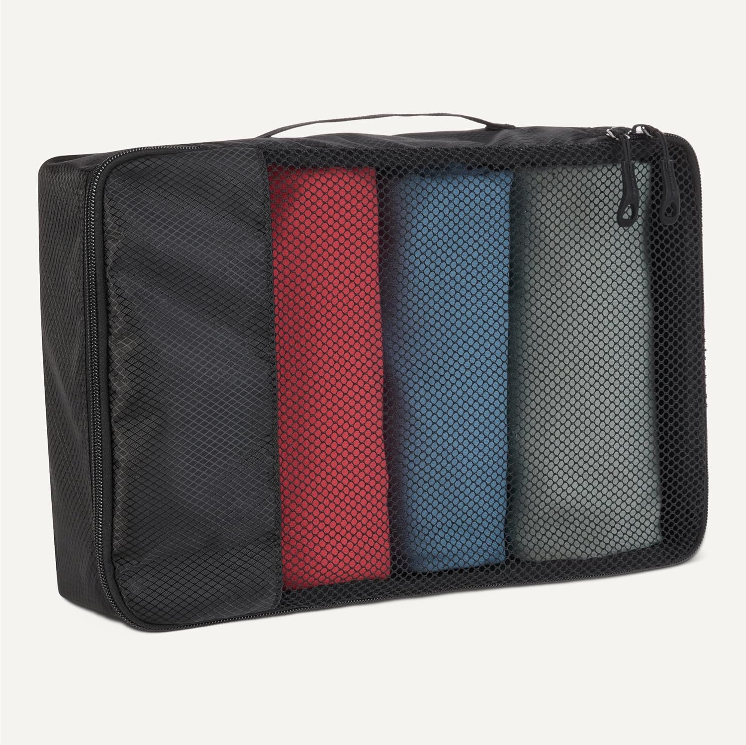Amazon Essentials Ensemble de 4 Cubes de Rangement – Organisateurs de Voyage S/M/L + Slim, Double Fermeture Éclair, Dessus en Maille, 100% Polyester, Noir - Description