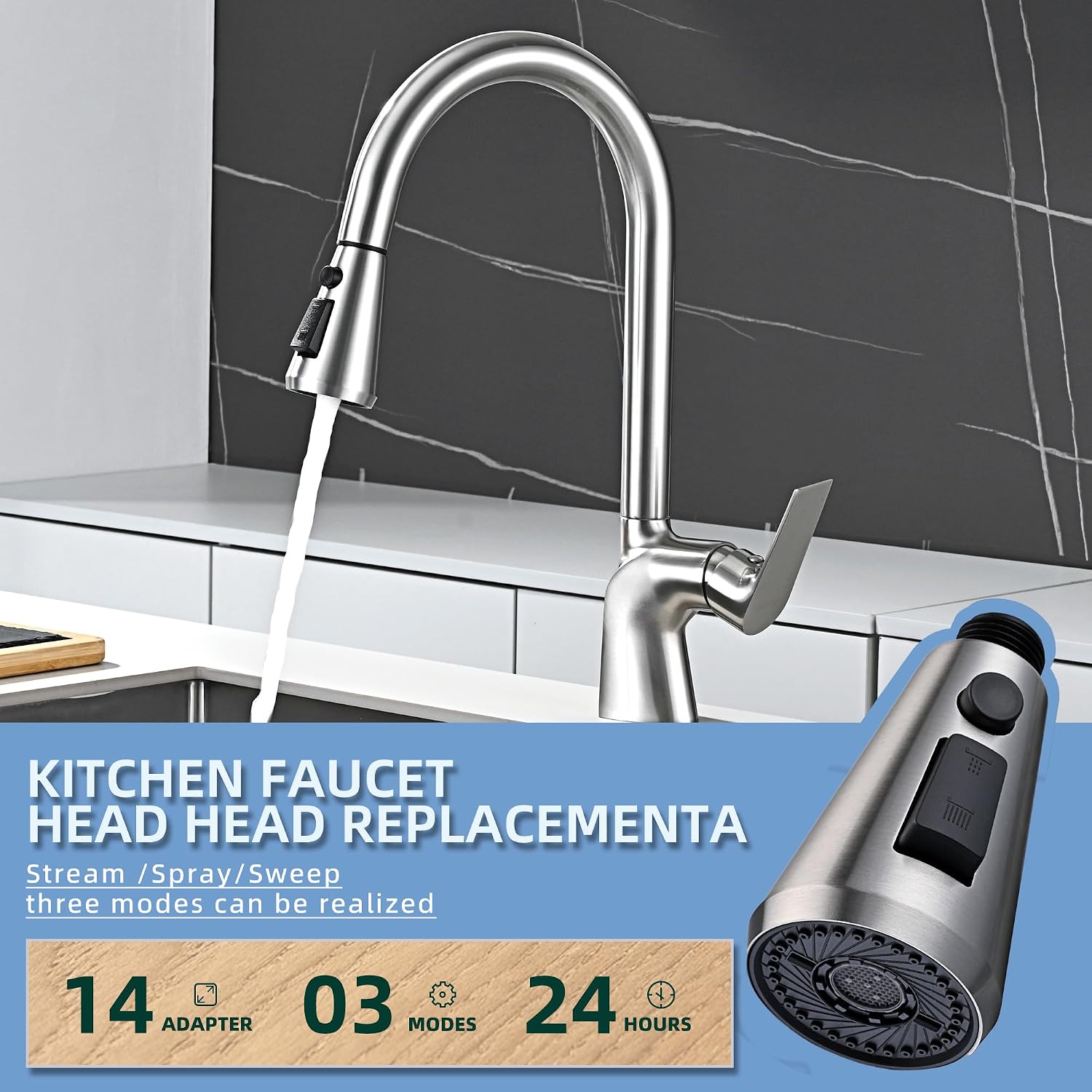 Stainless Steel Kitchen Faucet Head Replacement, 3 Function Pull Down Spray Head for Kitchen Faucet, Brushed Nickel Kitchen Sink Faucet Head with 14 Adapters Compatible with American Standard