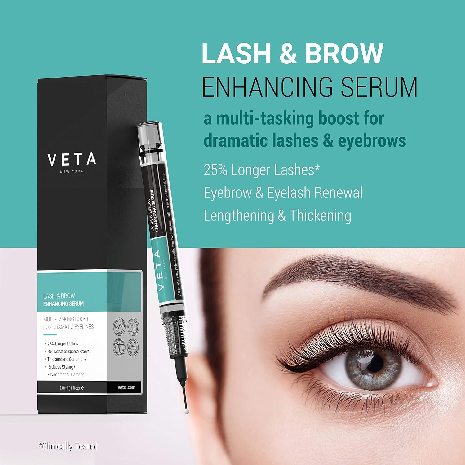 Lash and Eyebrow Serum. Powerful Eyelash Growth Water-Based Serum Formula for 25% Longer Lashes with Soy Protein Repair, Vitamin C Complex and Collagen Boost. Results in 4 Weeks - 1 fl oz - Veta - Image 2