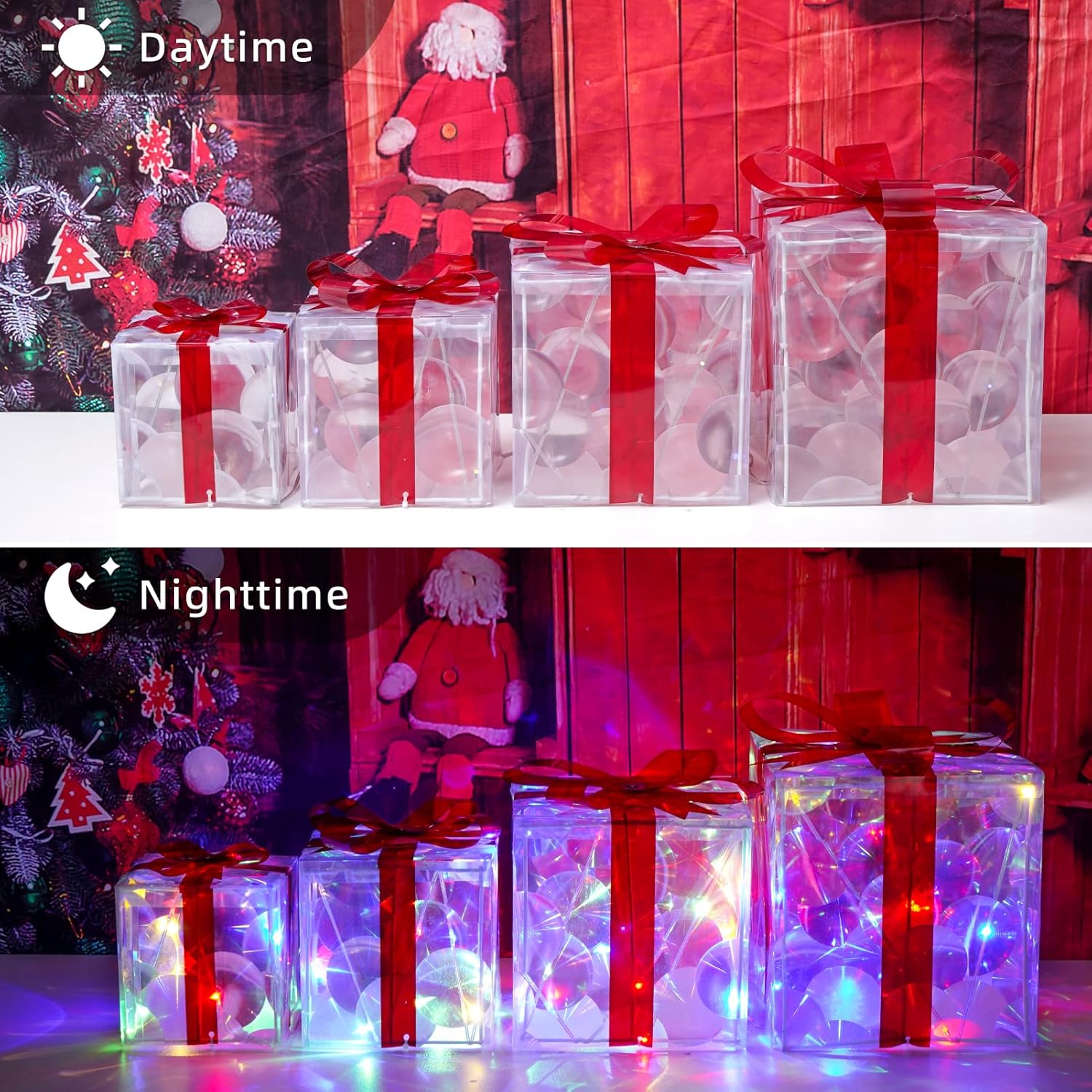 COVFEVER Christmas Lighted Gift Boxes, Pre-lit Lights Gift Boxes Set of 4, Light up Present Boxes Set Battery Operated with Different Sizes for Holiday Indoor Outdoor Decorations (Multi-Colored)