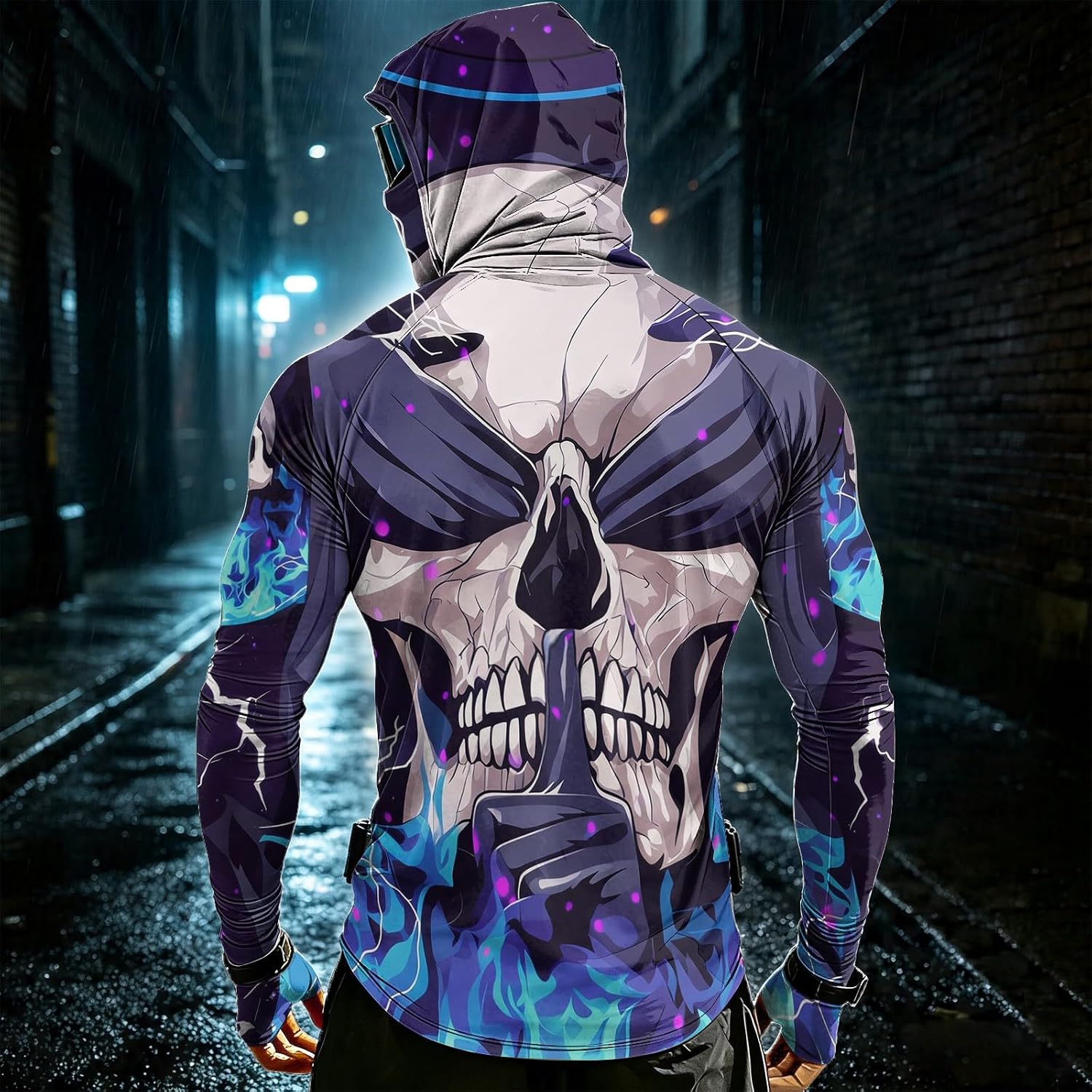 Mens UPF 50+ Sun Protection Hoodie Quick Dry Long Sleeve Fishing Shirt 3D Skull Motorcycle Riding Balaclava Hooded Tee image 2