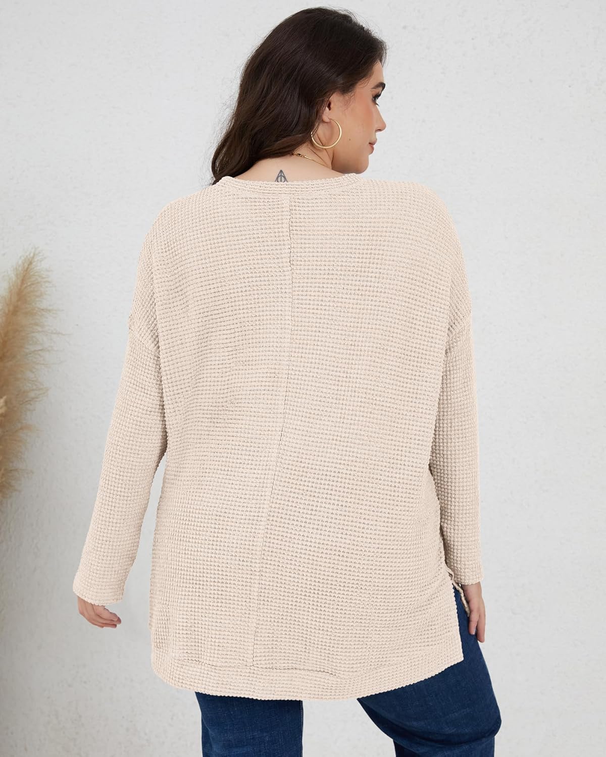 KARALIN Womens Plus Size Tops Fall CrewNeck Waffle Knit Long Sleeve Shirts Side Slits Oversized Sweater Pullover - Image 2