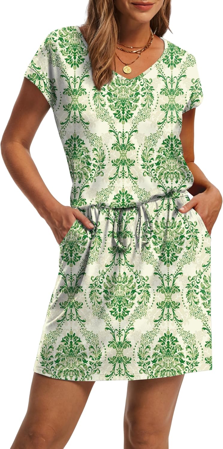 OFEEFAN Summer Dresses for Women 2026 V Neck T Shirt Casual Mini Dresses Tie Waist Sundresses with Pockets thumbnail