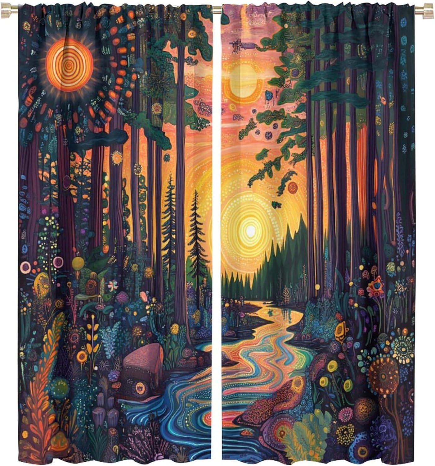 Boho Forest Woodland Blackout Curtains for Bedroom, Grommet Drapes Thermal Insulated Room Darkening Colorful Stream Nature Sunset Curtains, 21W x 54L, 2 Panels
