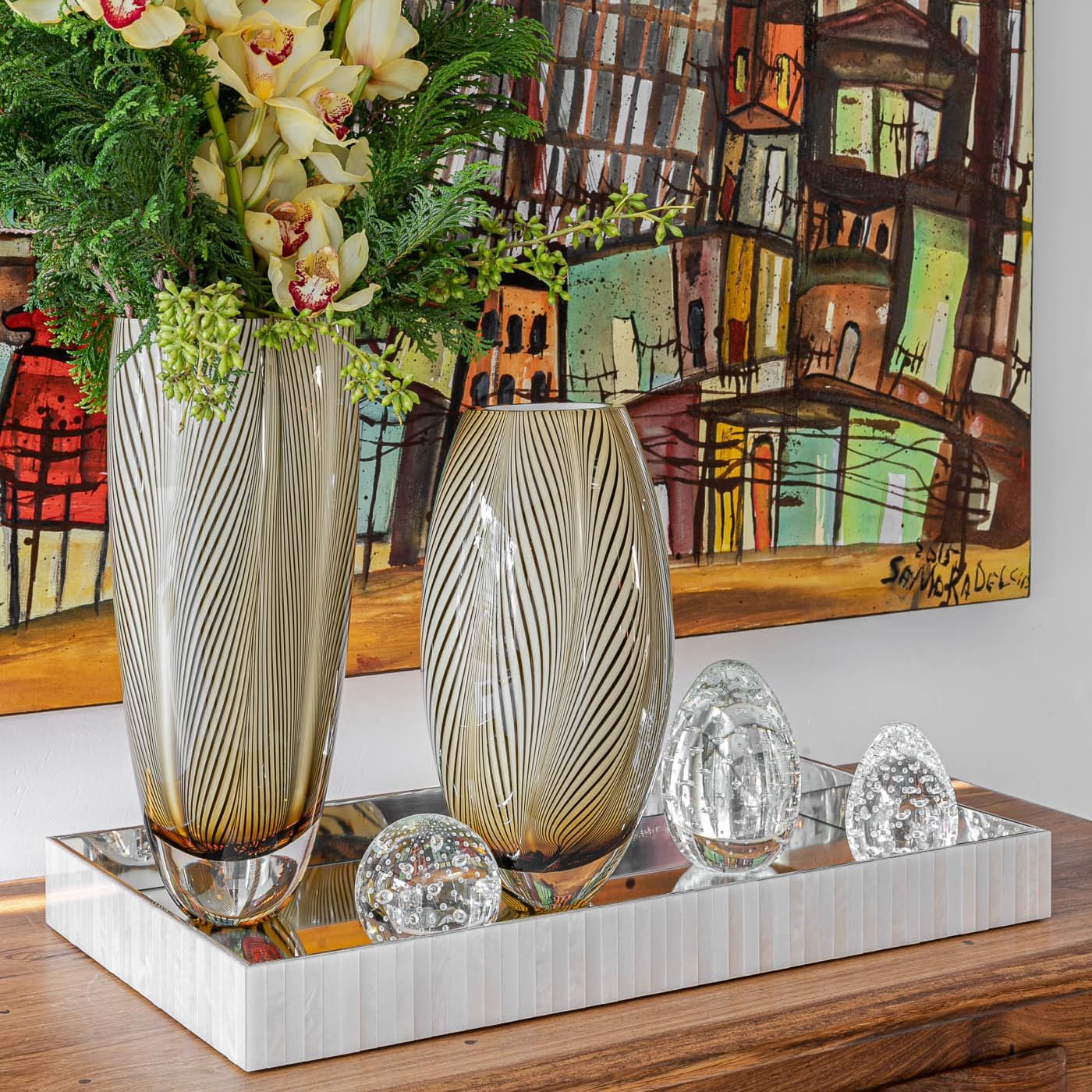 Ca D Oro Murano Style Glass Vase Amber Feather Pattern Hand Blown Art Glass for Flower, Room Decoration and Centerpiece - Model 54 MS - Image 7