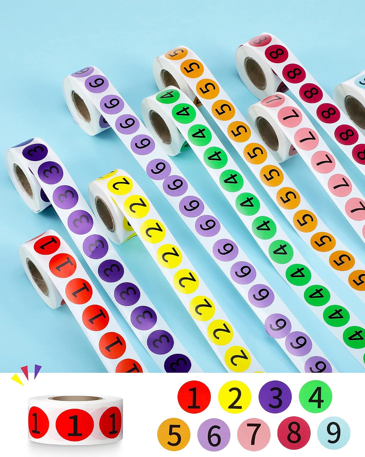 Tenare 18 Roll Circle Number Stickers 1-9, Inventory Labels 1/2 Inch | 9000 Pieces in 9 Colored Rolls, Office Warehouse Classroom Labels, Sticky Inventory Stickers for Sorting and Packaging