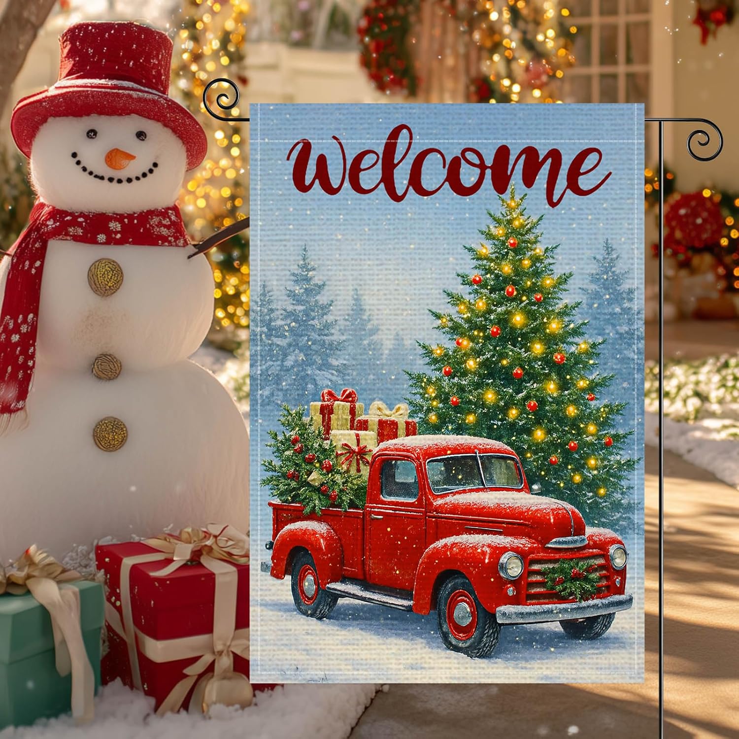 Welcome Christmas Tree Garden Flag Double Sided 12x18 Inch Burlap Red Truck Garden Flag Presents Snow Winter Scene Seasonal Flags Christmas Holiday Flags for Patio Lawn Decoration - Image 6