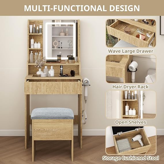 YOURLITE Dressing Table with LED Lights Mirror, Vanity Desk with Drawers