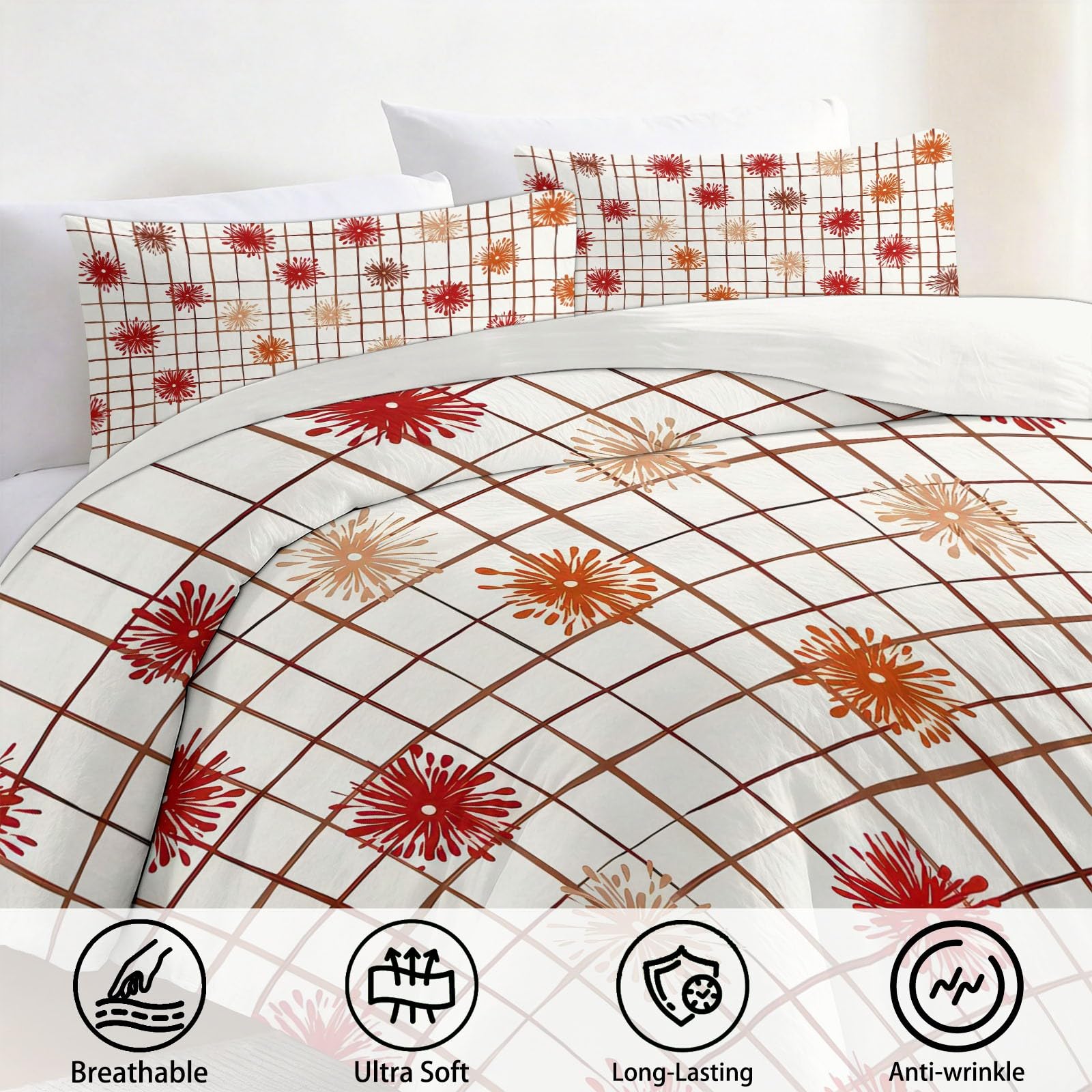 Set copripiumino a griglia in morbida microfibra, motivo floreale, 3 pezzi, per tutte le stagioni, traspirante, bianco, con cerniera, per letto matrimoniale, 200 x 200 cm