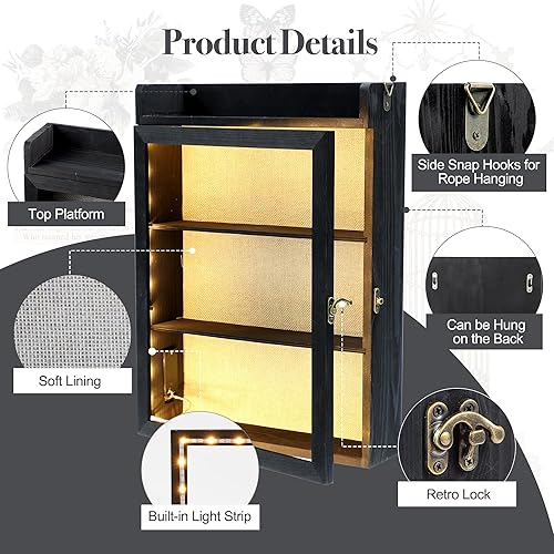 Vista 22 de Marco de caja de sombra de 11 x 16 pulgadas con luz, vitrina conmemorativa con estantes, cajón y ranura para recuerdos, caja grande de sombra Negro