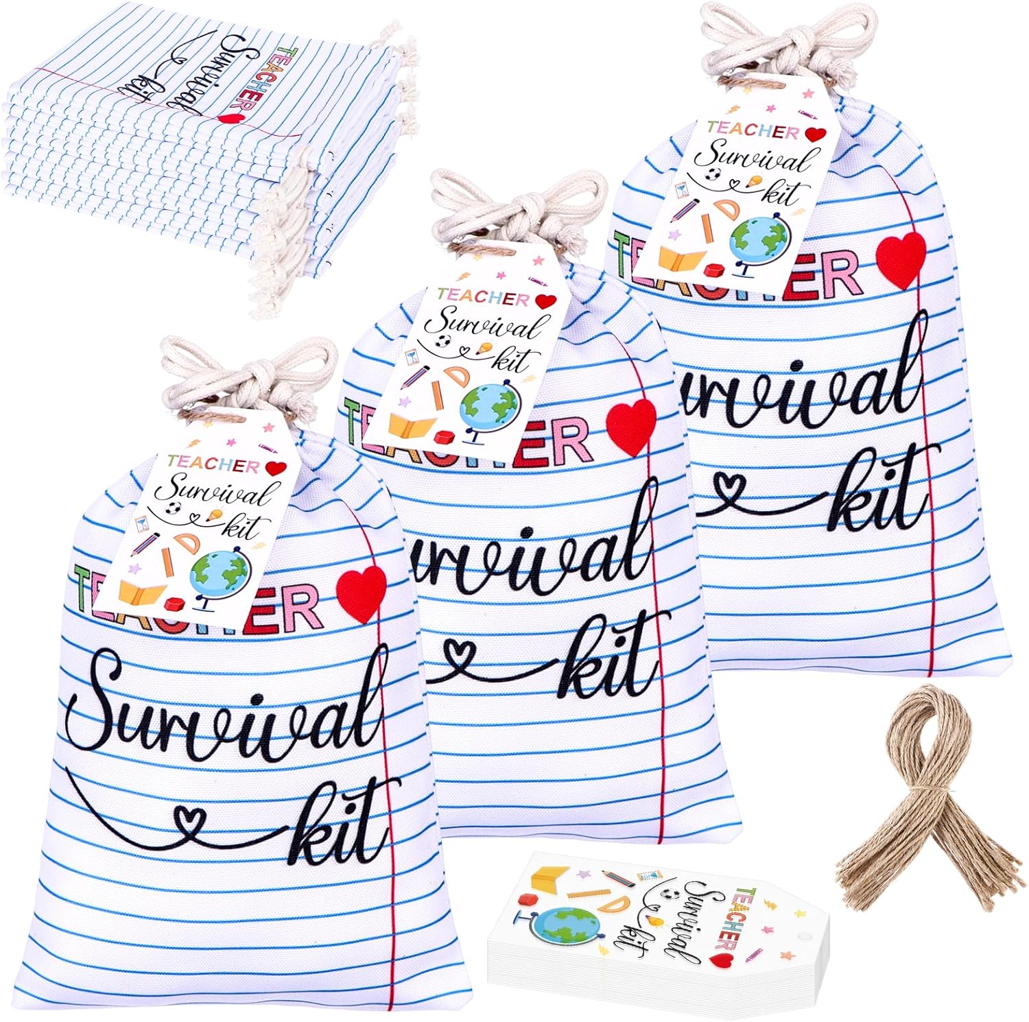 36 Sets Teacher Appreciation Gift Bags Bulk Teacher Survival Kit Drawstring Bags with Tags Ropes Teacher Appreciation Drawstring Bags Canvas Makeup Pouch for Teachers Gifts Back to School Graduation