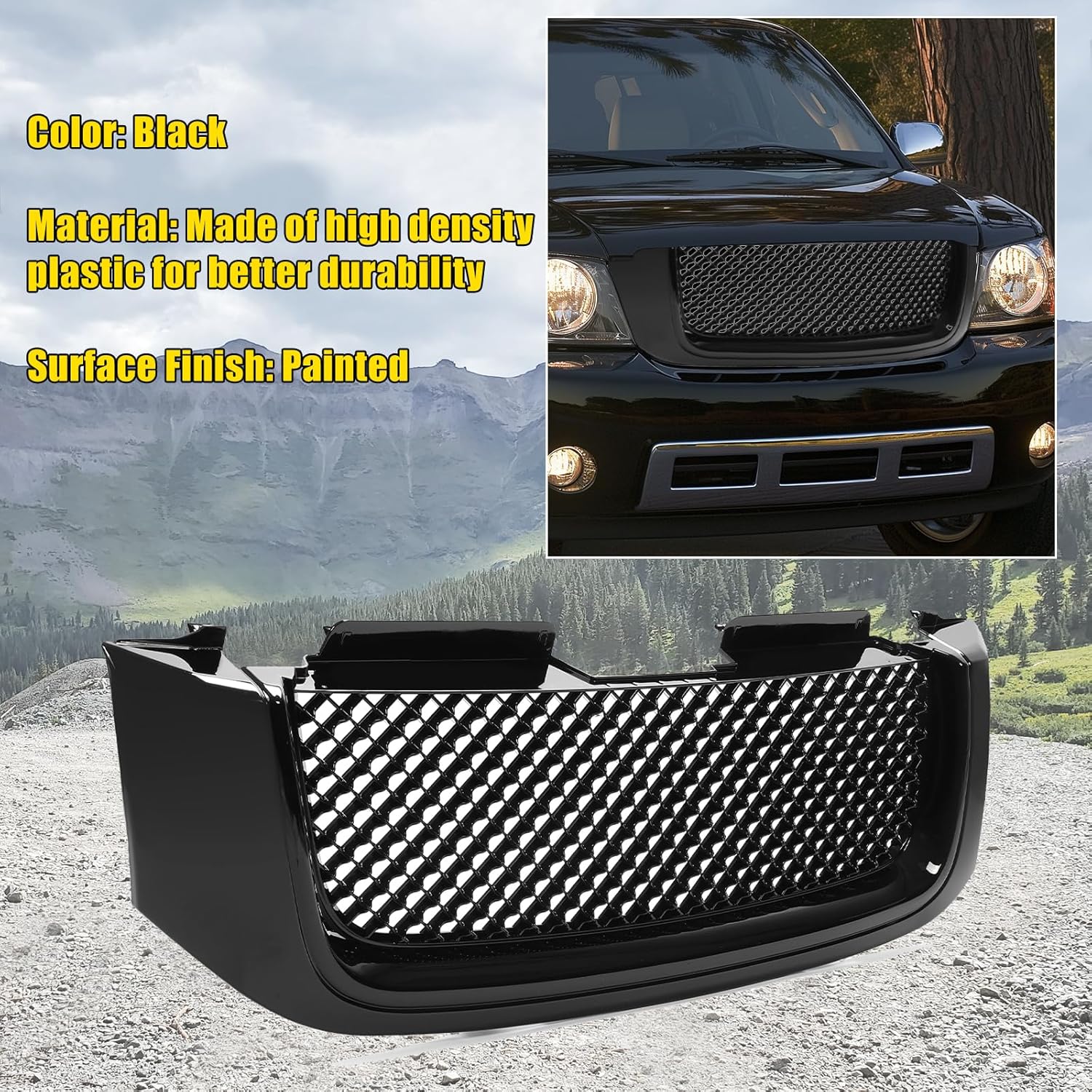 KUAFU Front Upper Bumper Grill Grille Compatible with 2002-2008 GMC Envoy XL XUV Honeycomb Mesh Insert Hood Grille Cover - Painted Black