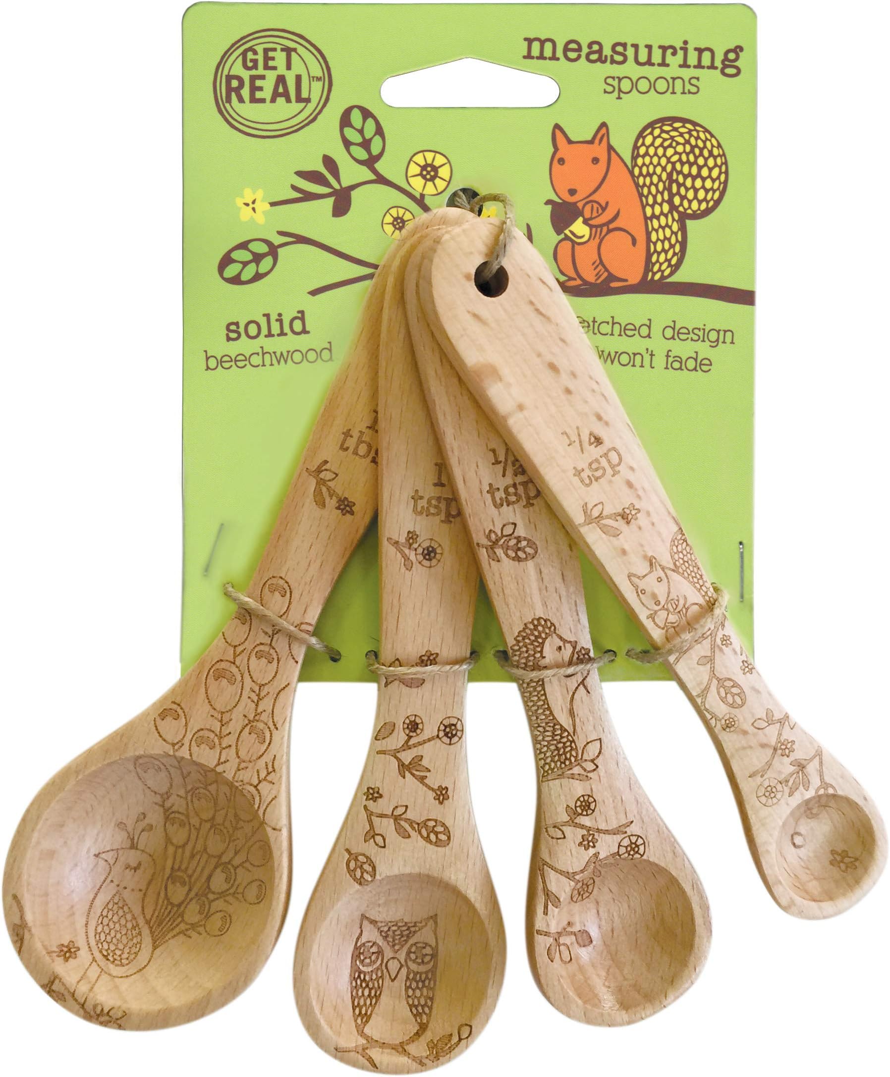 Talisman Designs Laser Etched Beechwood | Set of 4 | Woodland Design | Natural, Wooden Measuring Spoons Set| Cute & Functional Kitchen Tools