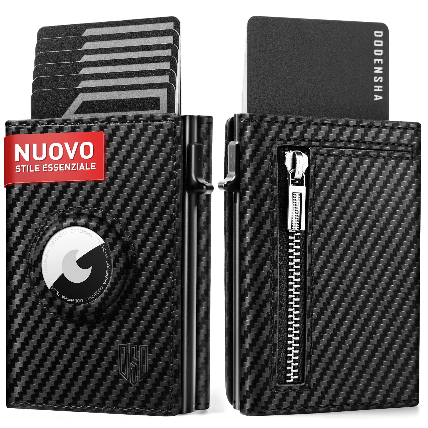 DODENSHA Portafoglio Airtag con Portamonete | Slim Portafoglio 10+ Carte | Protezione RFID | portafoglio uomo piccolo | Porta Carte di Credito Uomo | Moero Portafoglio Slim | Senza AIRTAG | Carbonio