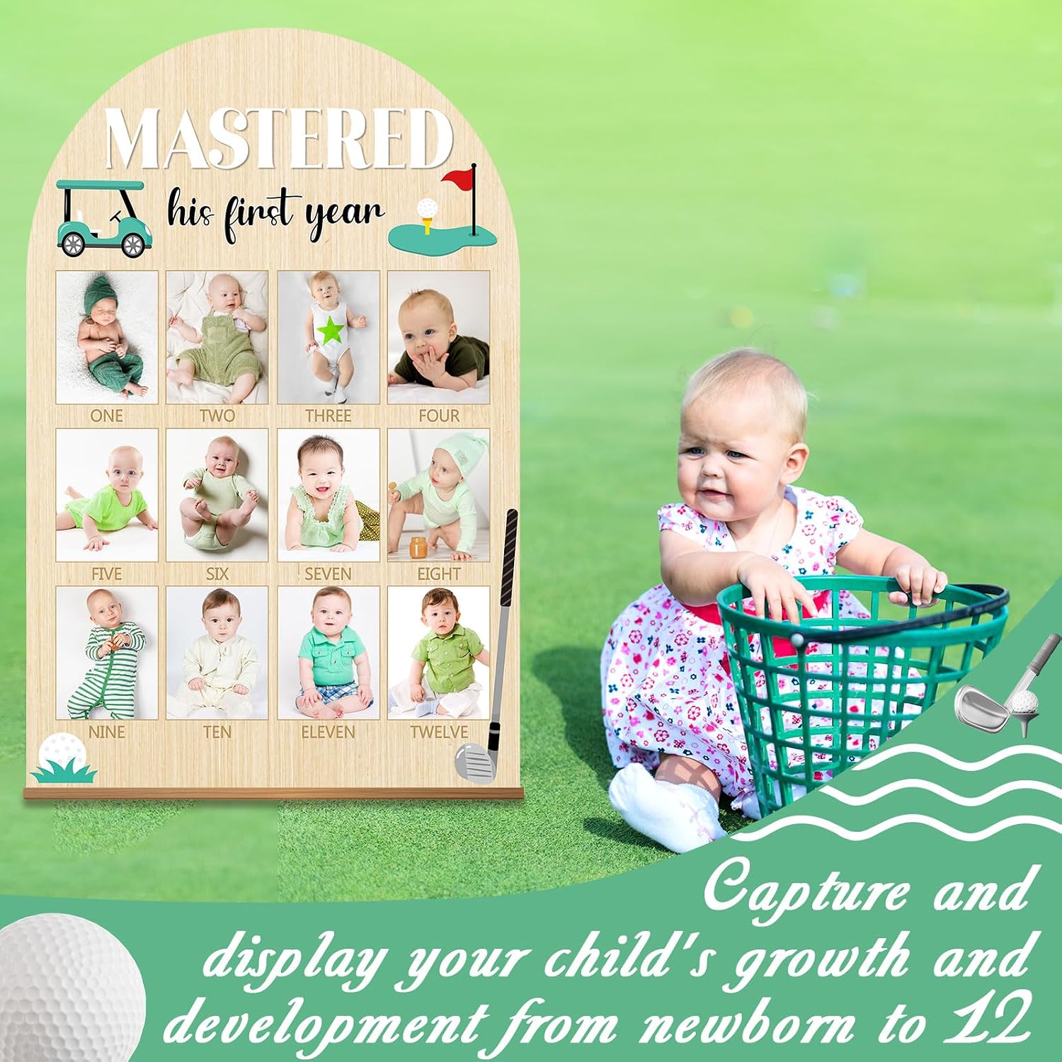 23.6x15.3Inch Mastered First Year Photo Board Golf Birthday Party Wooden Board Decorations 12 Monthly Milestone Picture Frame One Year Old Wood Sign 1st Banner for Baby Keepsake Gift (Fit 4x3in Pic)