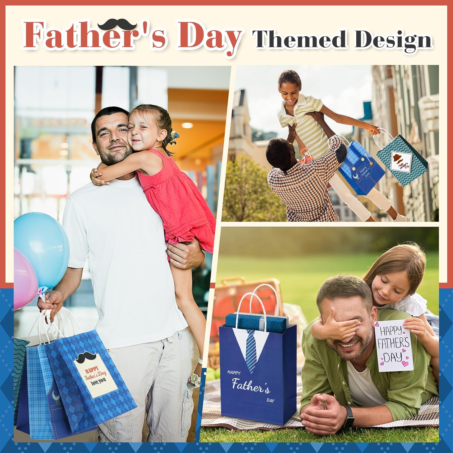 Saypacck 100 Pcs Fathers Day Gift Bags with Handle Bulk Blue Reusable Kraft Paper Tote Goodie Candy Package Shopping Present Wrap Bag for Happy Father Dad Grandpa Men Birthday Party Supplies (Bright)