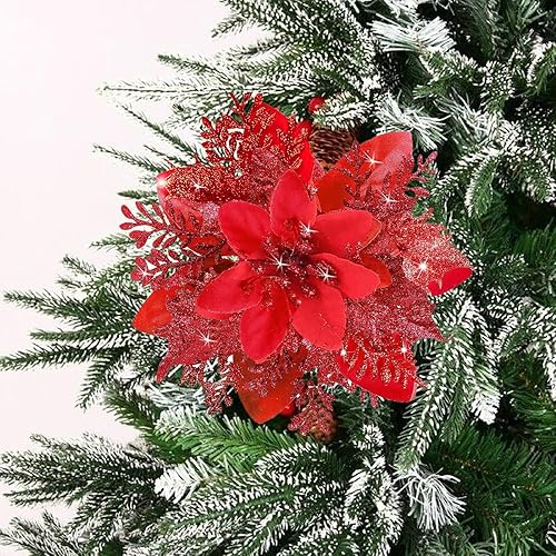Miniatura 8 de 18 flores de Pascua de Navidad con purpurina, decoraciones de nochebuena roja para adornos de árbol de Navidad