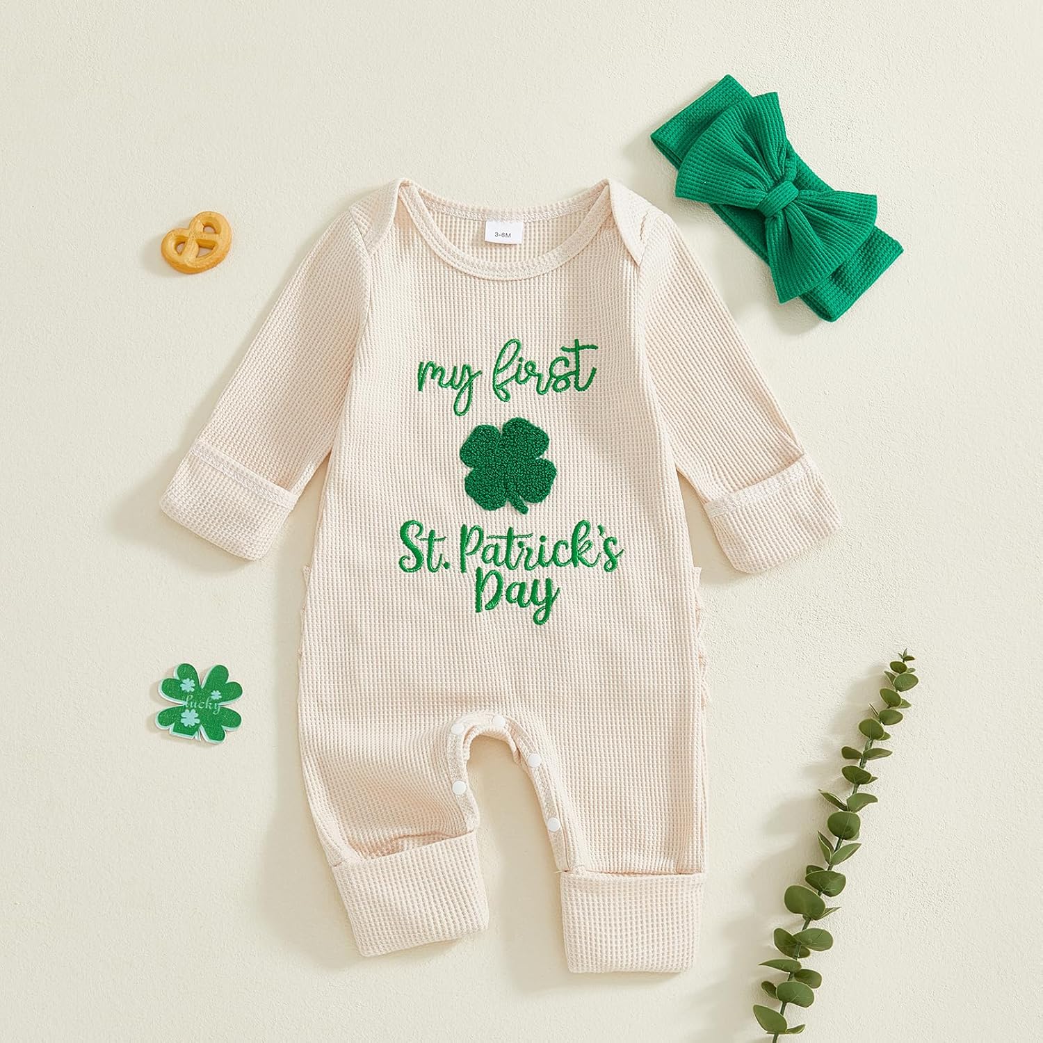 Rtnnsbbfcm My First St Patricks Day Baby Girl Outfit Newborn Clover Jumpsuit Romper Lucky Charm Infant Spring Clothes - Image 3