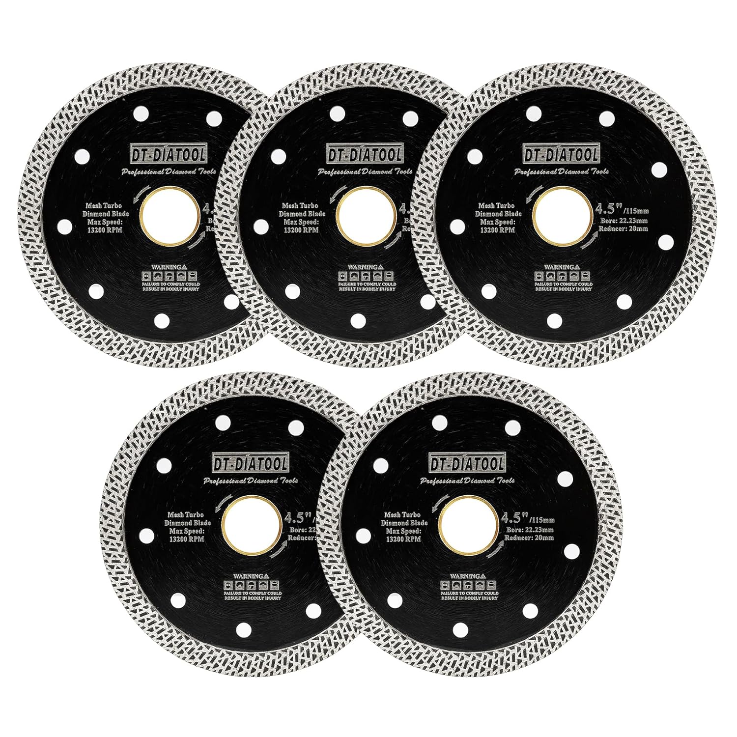 DT-DIATOOL Diamond Granite Blade 4-1/2 Inch for Marble Porcelain Tile Ceramic Diamond Cutting Disc with Mesh Turbo Diamond Segments Pack of 5
