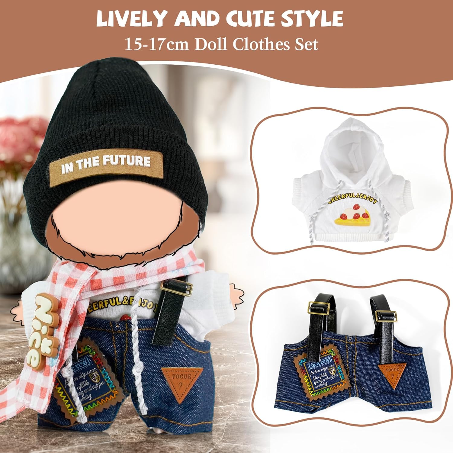 4 Piece 17cm Cool Labu-Clothes-bu and Accessories Set Stylish Hat Top Pants Outfit Edgy Doll Fashion Sets