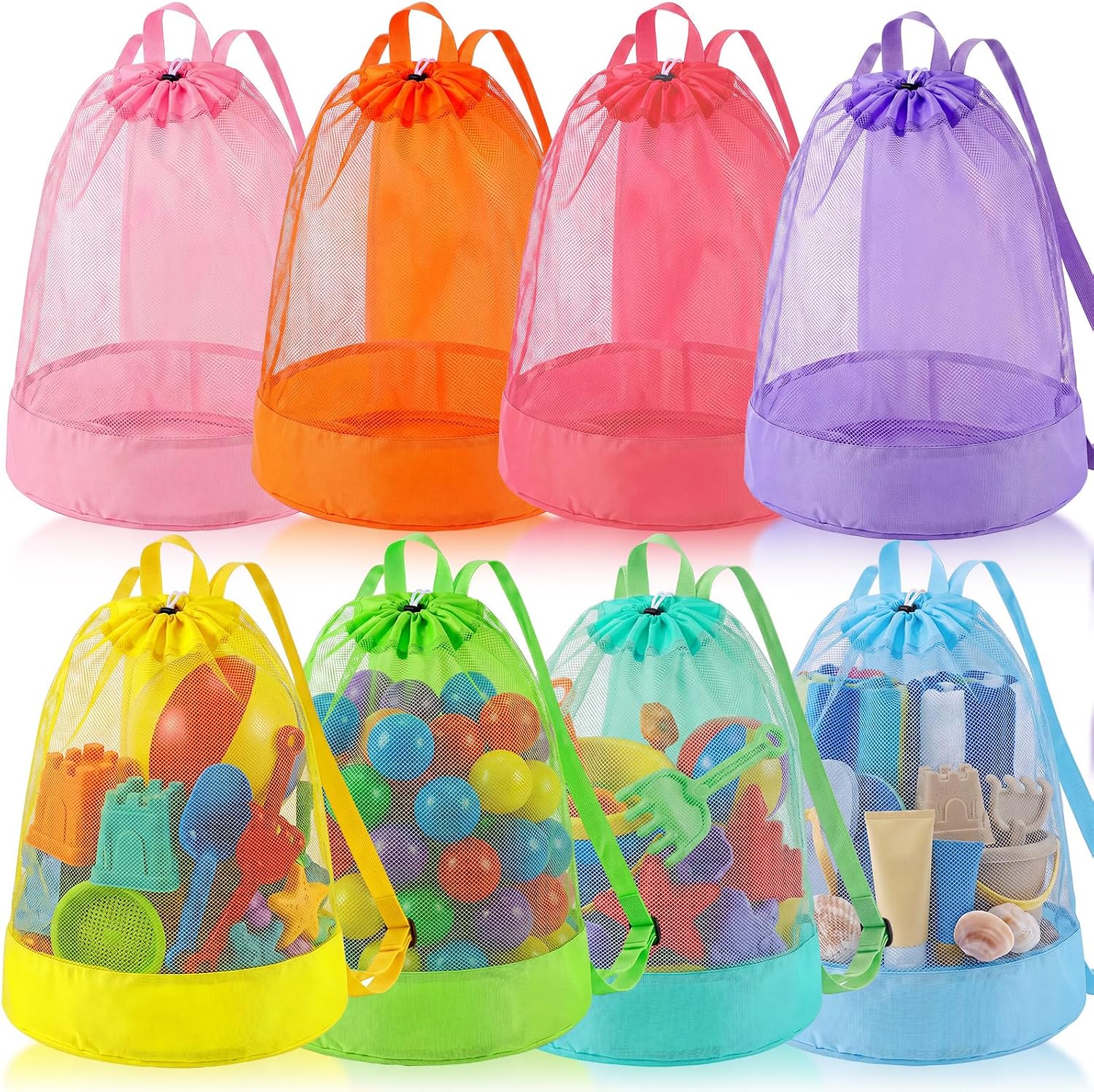 Kinlop 8 Pcs Mesh Beach Drawstring Backpack Bags, Shell Collecting Bag