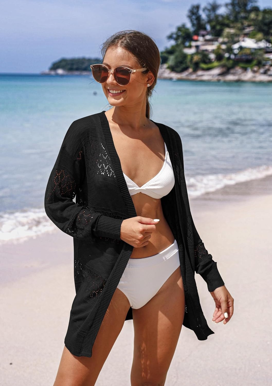 GRECERELLE Women's Lightweight Crochet Long Sleeve Loose Casual Open Front Cardigan Drape Sweaters Boho Summer Beach Coverups - Image 3