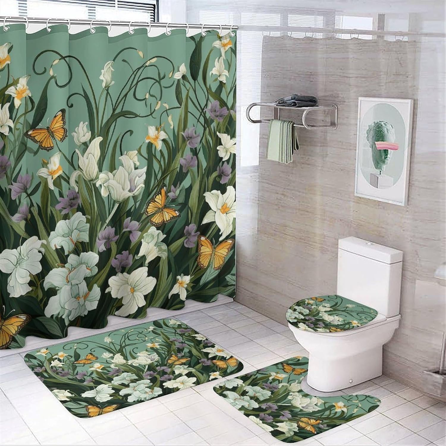 Flowers and Butterflies on Green Background 4Pcs Shower Curtain Set with Non-Slip Rugs, Toilet Lid Cover and Bath Mat,Bathroom Set Decor Accessories,Curtain Set with 12 Hooks, 72 X 72 Inch