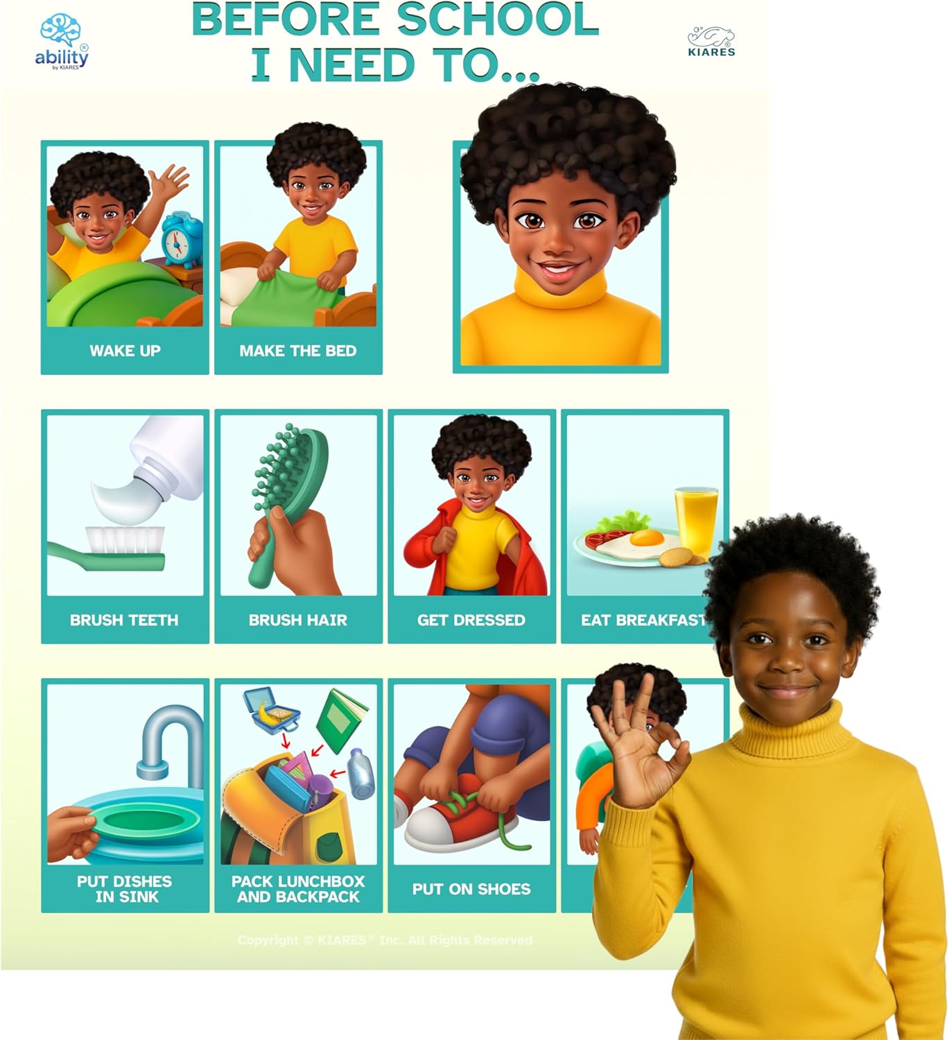 KIARES Morning Routine Chart for Kids, Helping Kids Get Dressed, Daily Sticker Poster For Toddlers, Created by an Occupational Therapist (African American Boy)