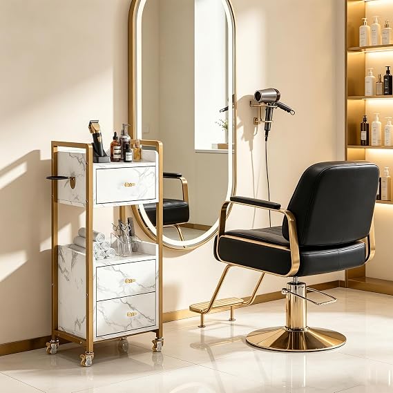 BarberPub Salon Cart with Lockable Wheels, Rolling Cart 2478 (White) | Salon Trolley Cart with Lockable Wheels, Storage Barber Trolley with 1 Hair Dryer Holder & Drawers,Rolling Cart for Salon