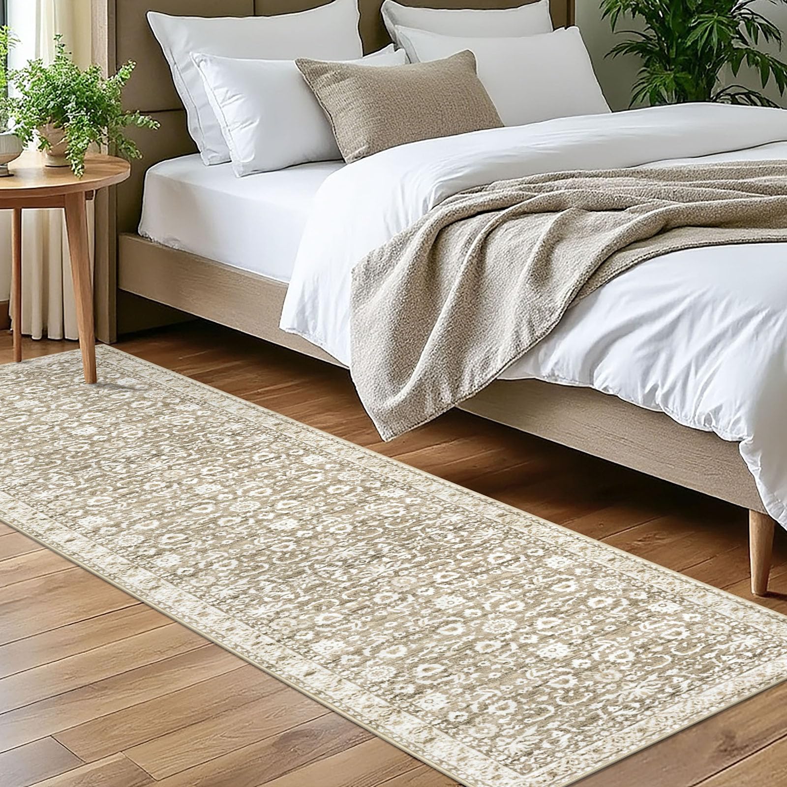 Lansny Vintage Floral 2x7 Runner Rug, Beige Tan White Washable Kitchen Runner Rug Non-Slip Hallway Rug Runner Super Soft Thin Printed Faux Wool Carpet