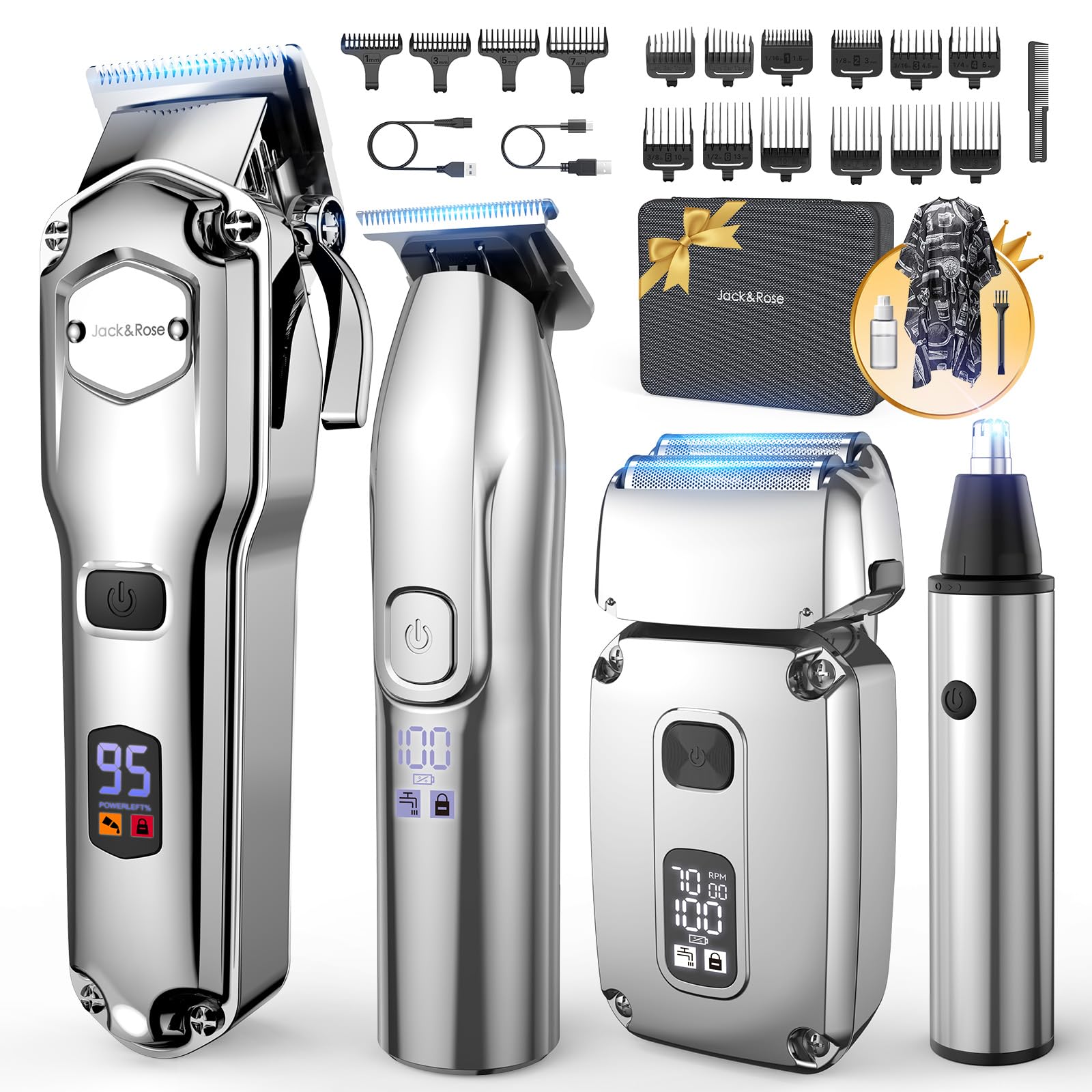 Jack & Rose Haarschneidemaschine Set, 4 in 1 kabelloser Haarschneider und Trimmer, IPX7 Wasserdicht, elektrisches Präzision Shaver & Nasenhaar-Trimmer für Herren, USB Wiederaufladbar