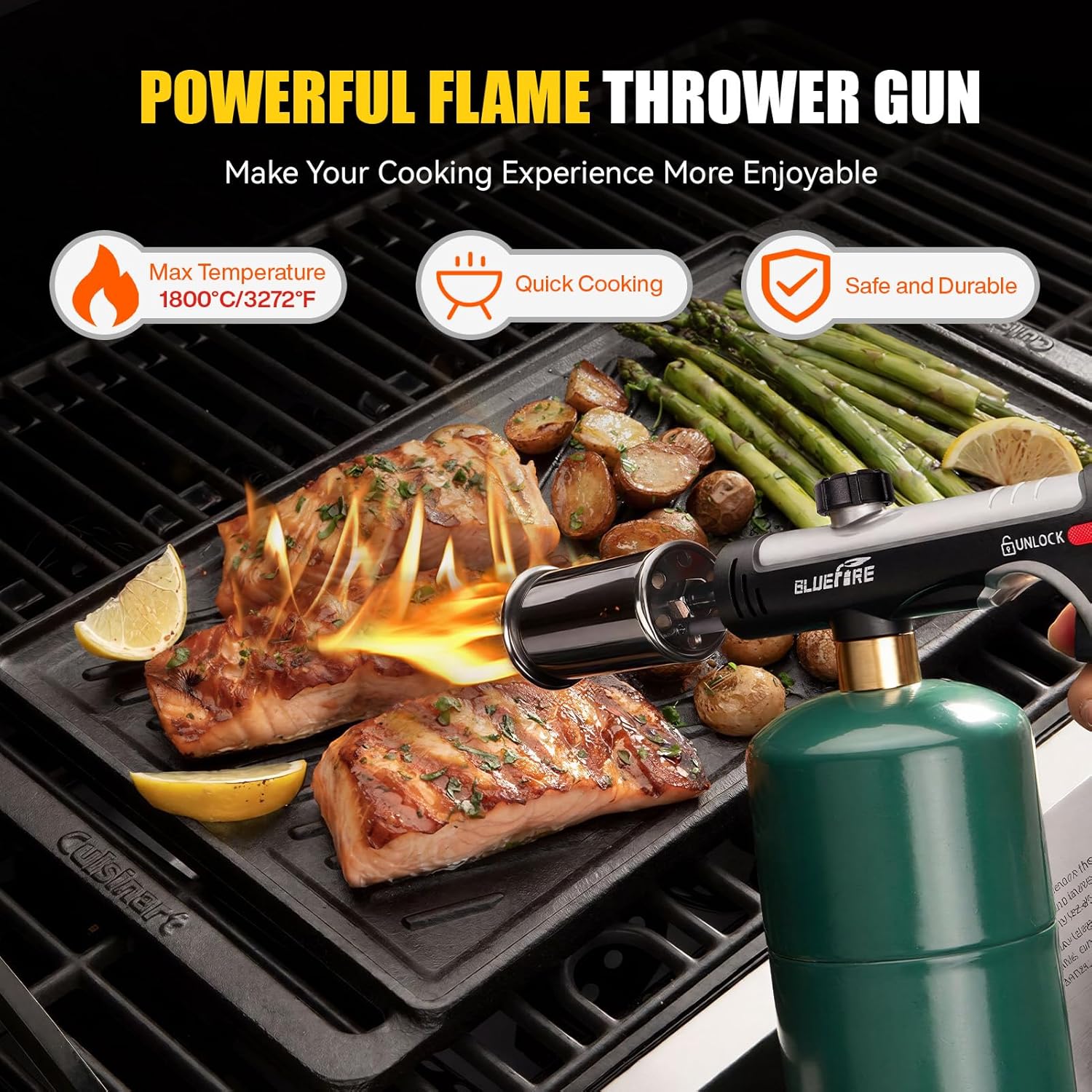 Bluefire Propane Torch with One-Touch Max Fire, 3272°F Cooking Blow Torch Gun for Sous Vide & BBQ, High Output Charcoal Lighter with Adjustable Flame, Fits CGA600 Propane Tank (Not Included)