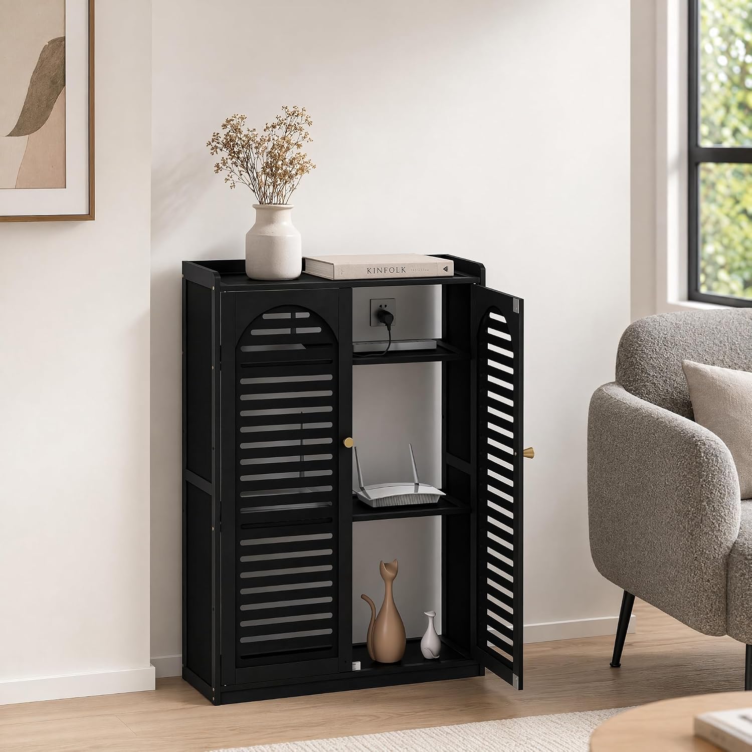 lesolar WiFi Router Storage Cabinet, Floor Standing Router and Modem Organizer with Adjustable Shelf, Cable Management Box, Modem Hider Electronics Enclosure for Living Room, Office and Bedroom