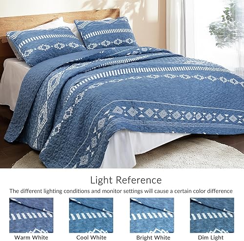 Miniatura 5 de Whale Flotilla Juego de edredón de tamaño matrimonial y queen, reversible, color azul, tamaño Queen con 2 fundas de almohada, colcha ligera a rayas