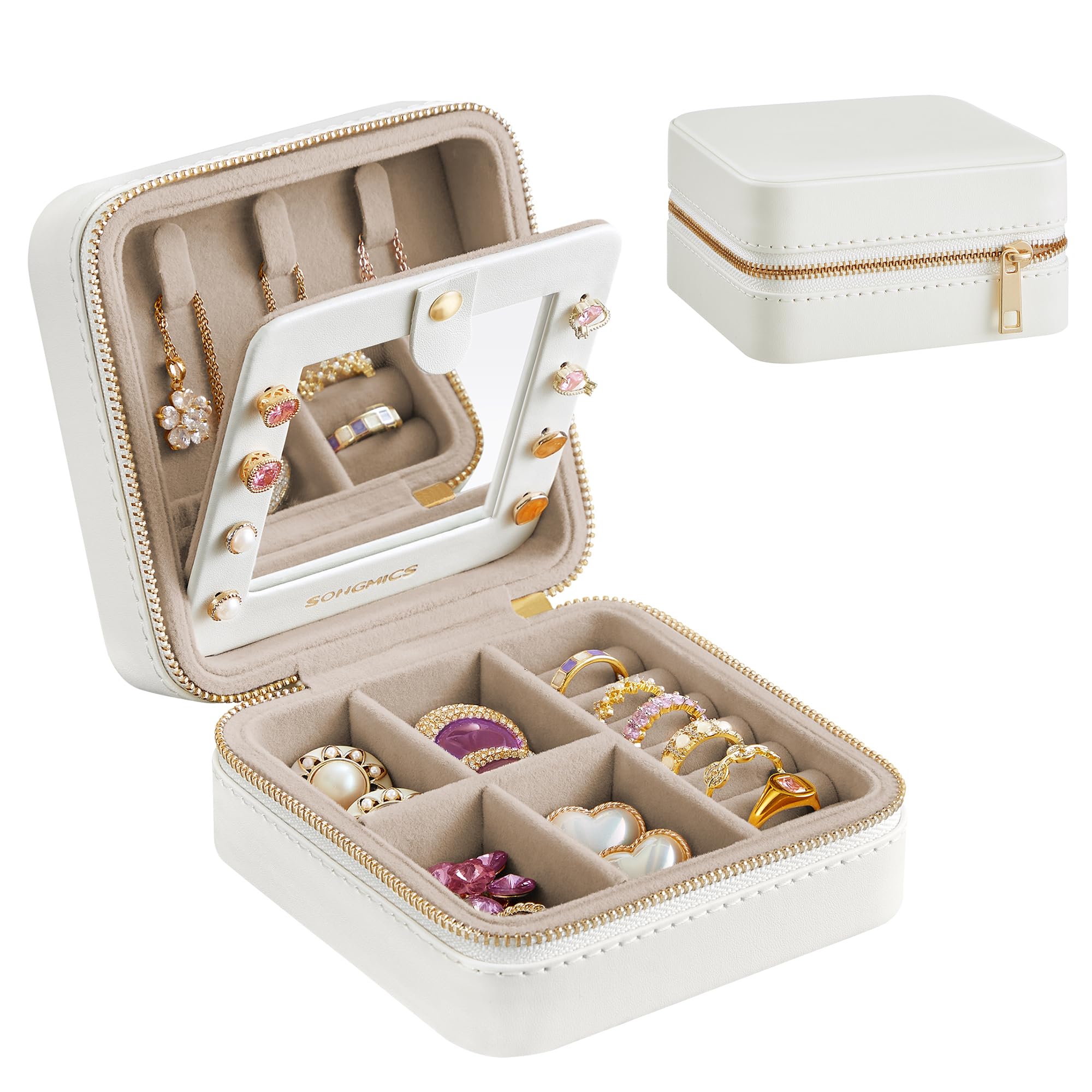 SONGMICS GISELLA Collection - Travel Jewellery Box Organiser with Mirror, 11.4 x 11.4 x 5.5 cm Small PU Leather Jewellery Storage Case for Women, Portable, Gift Idea, Cloud White JBC146BEV2