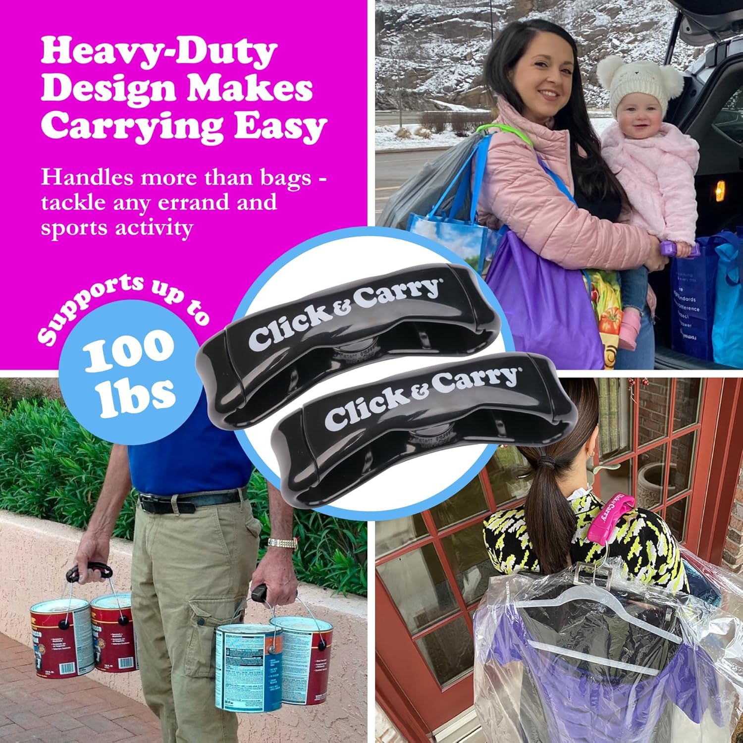 Click & Carry Grocery Bag Carrier Handle - Carry More in Fewer Trips, 100lb Capacity, Hands-Free, Gel-Padded Ergonomic Design, Shopping & Grocery Bag Holder - As Seen On Shark Tank, Black, 2 Pack - Image 5