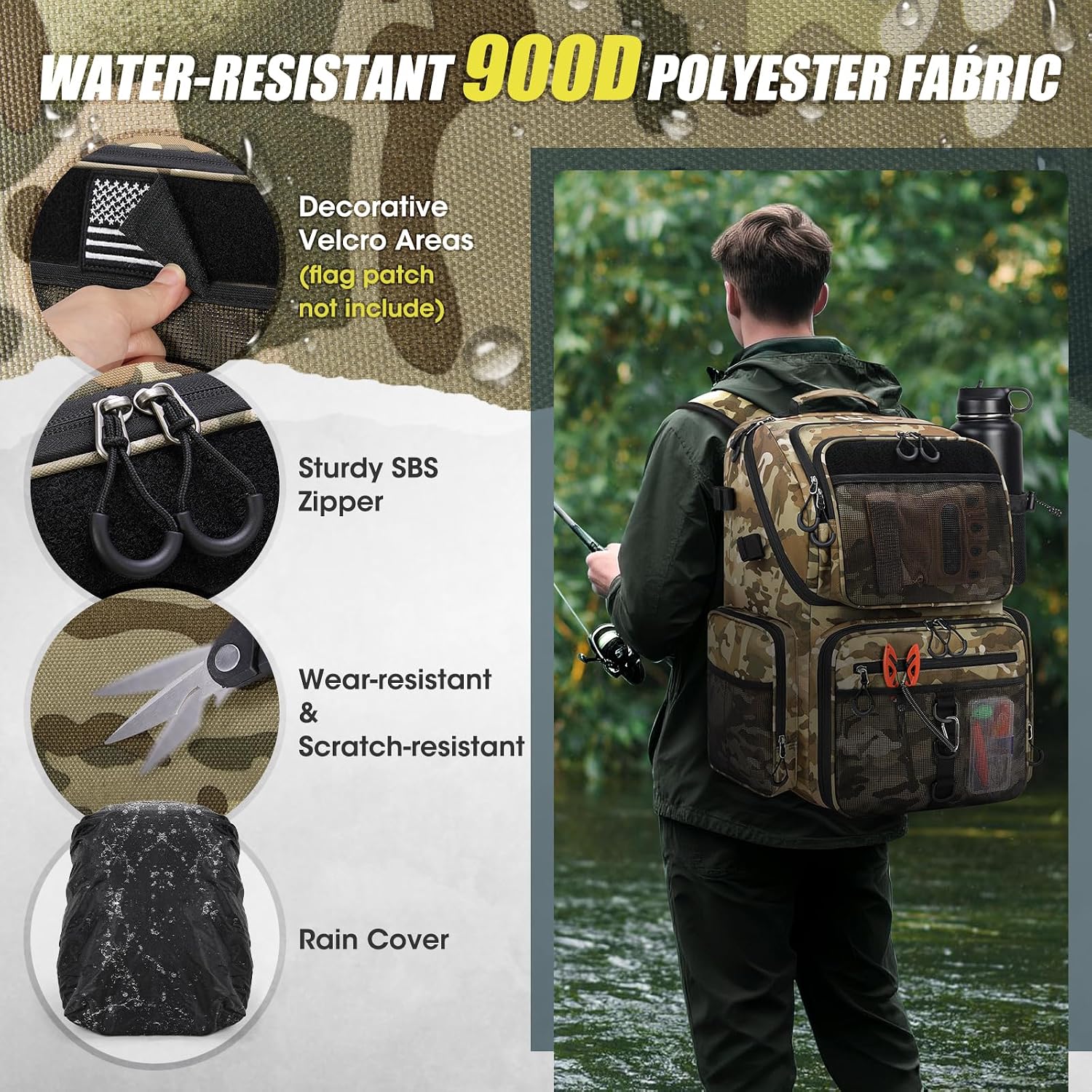 RAINSMORE 45L Fishing Backpack with Rod Holders & Rain Cover Large 900D Water-resistant Fishing Tackle Bag Store Fishing Gear