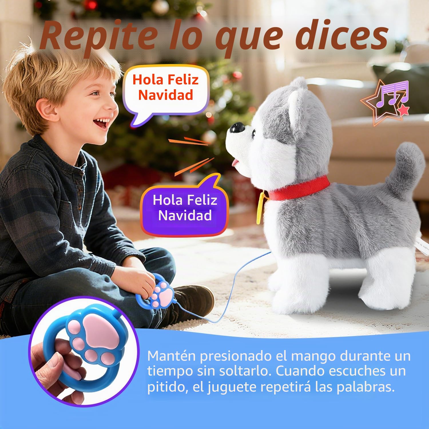 Caminar, ladrido, canto, cachorro husky, repite lo que dices, más realista, lamiendo, cola que mueve la lengua, perro mecánico con contacto electrónico o voz