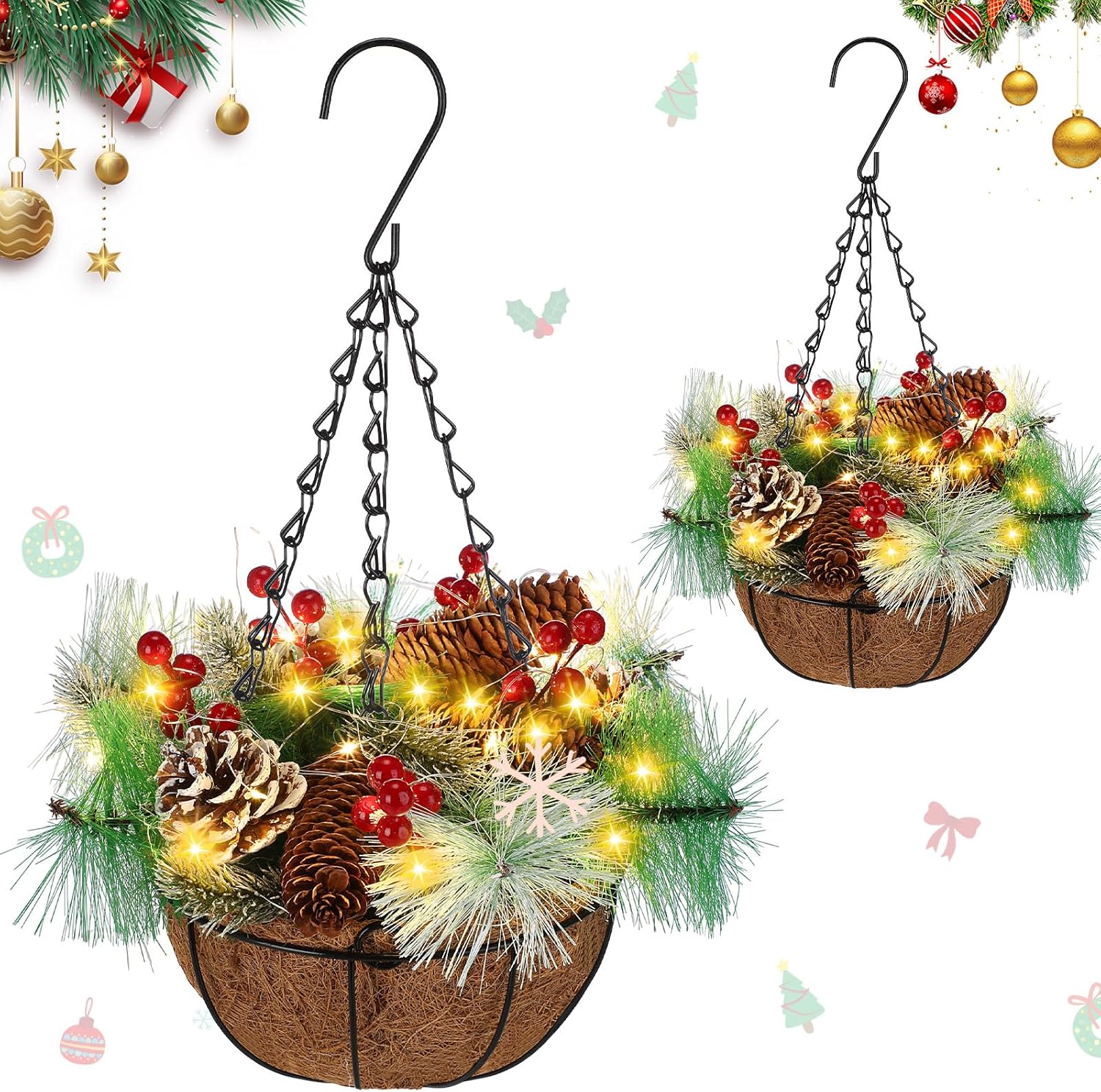 2 Pack Pre Lit Artificial Christmas Hanging Basket Christmas Tree Basket Decorated with Frosted Pine Cones, Berry Clusters, 2 Pcs White LED String Lights for Patio Porch Outdoor Indoor