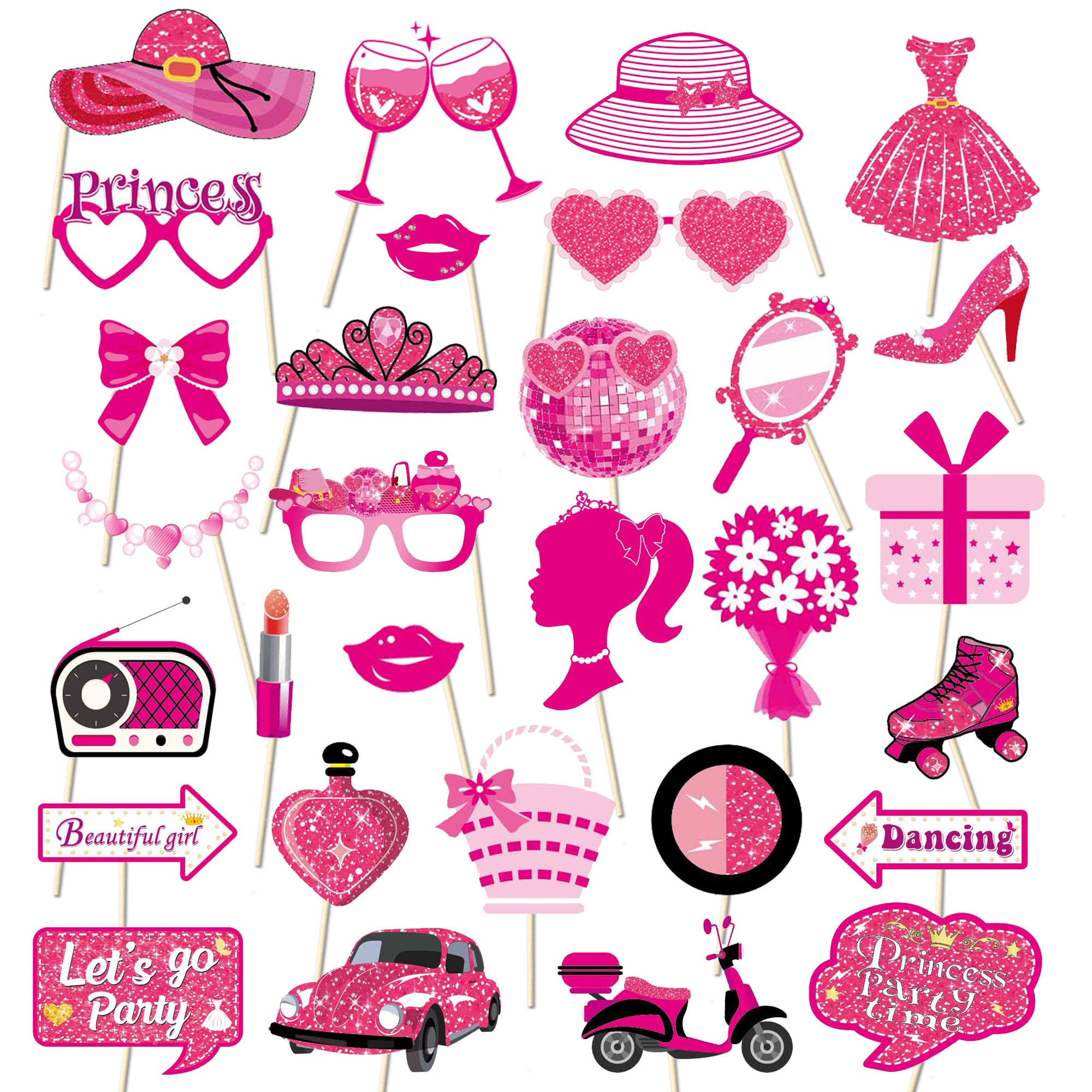 Hsc Girls Pink Birthday Photo Props, Birthday Party Photo Booth Props, 30Pcs Rose Selfie Prop Kit For Women, Princess Bachelorette Parties Supplies For Bridal Shower, Sleepover