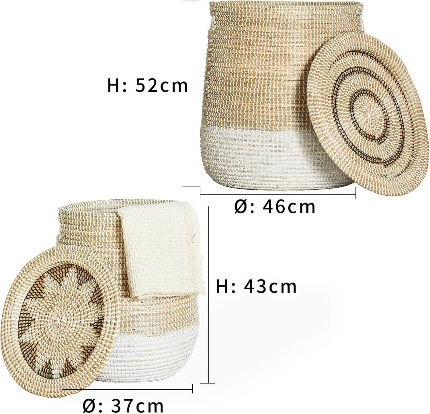 Cesto Portabiancheria Grande con Coperchio, Cesto Intrecciato in Alghe Marine, Adatto per Riporre Vestiti, Giocattoli e Cuscini, Bianco e Marrone, 45,14 L/86,38 L