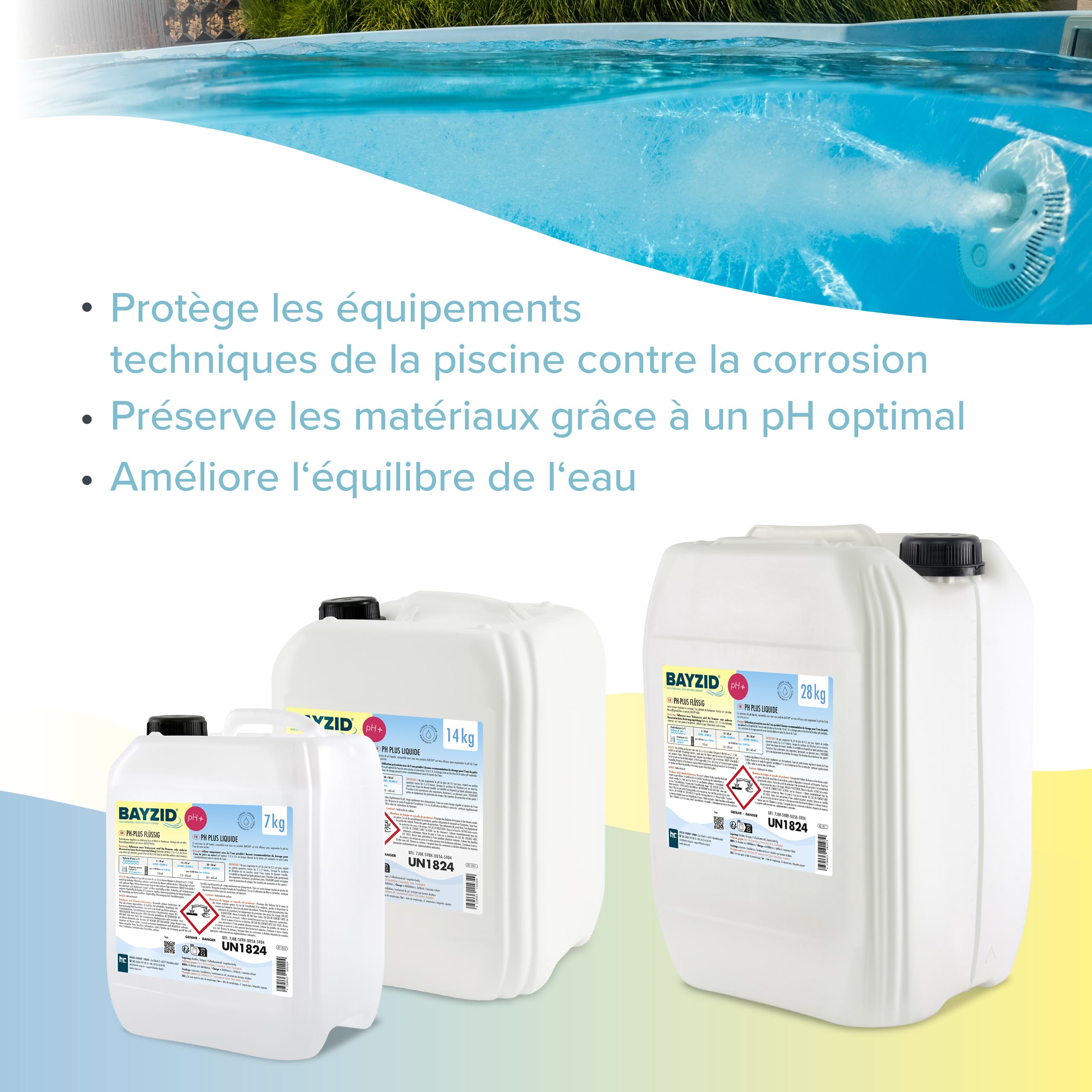 Bayzid pH Plus Liquide 2 x 14 kg - Augmenteur de pH pour Piscine | Compatible Tous Traitements - Qualité Pure et Stable - Remonte le pH en Douceur - Protège les Équipements
